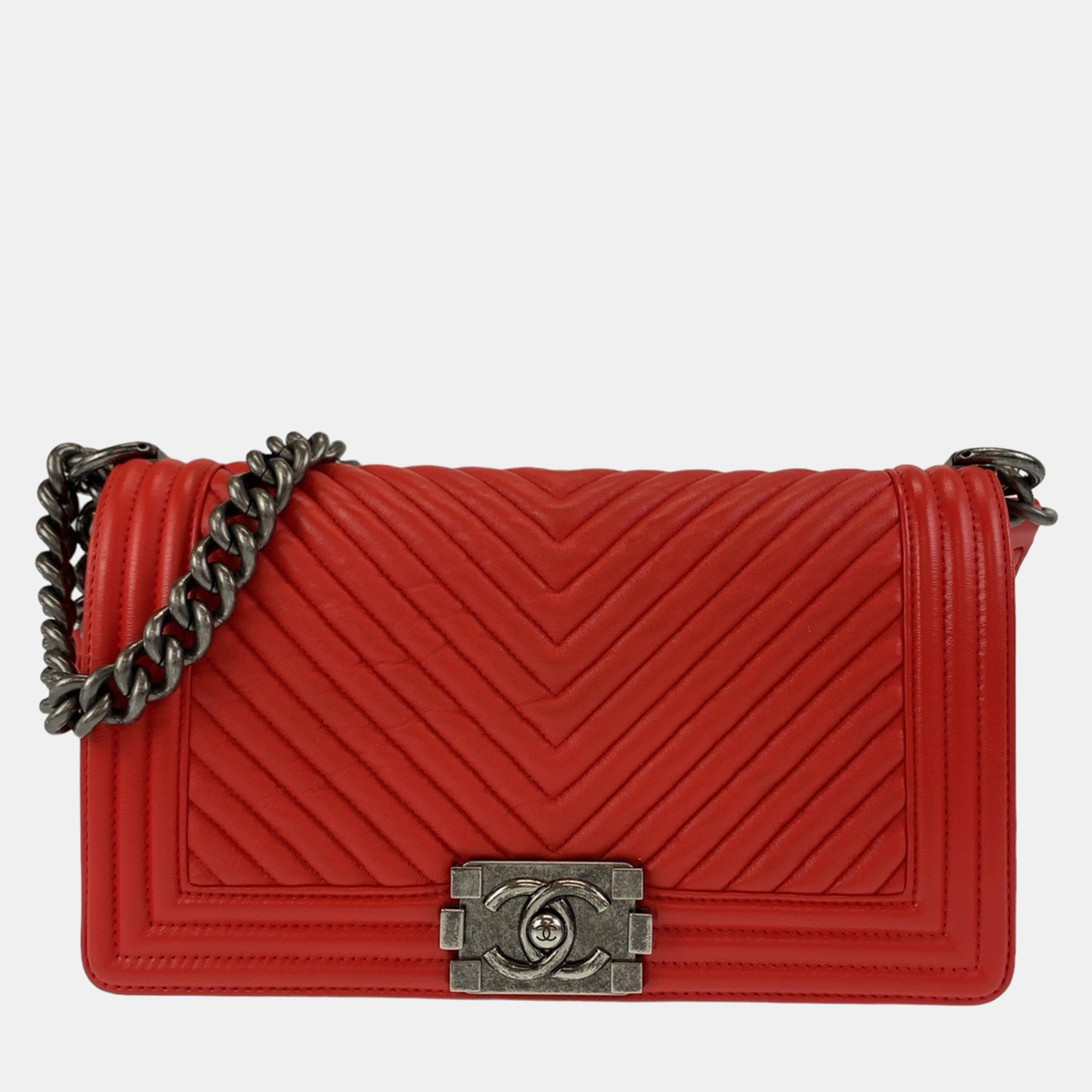 

Chanel Red Leather Chevron  Boy Shoulder Bag