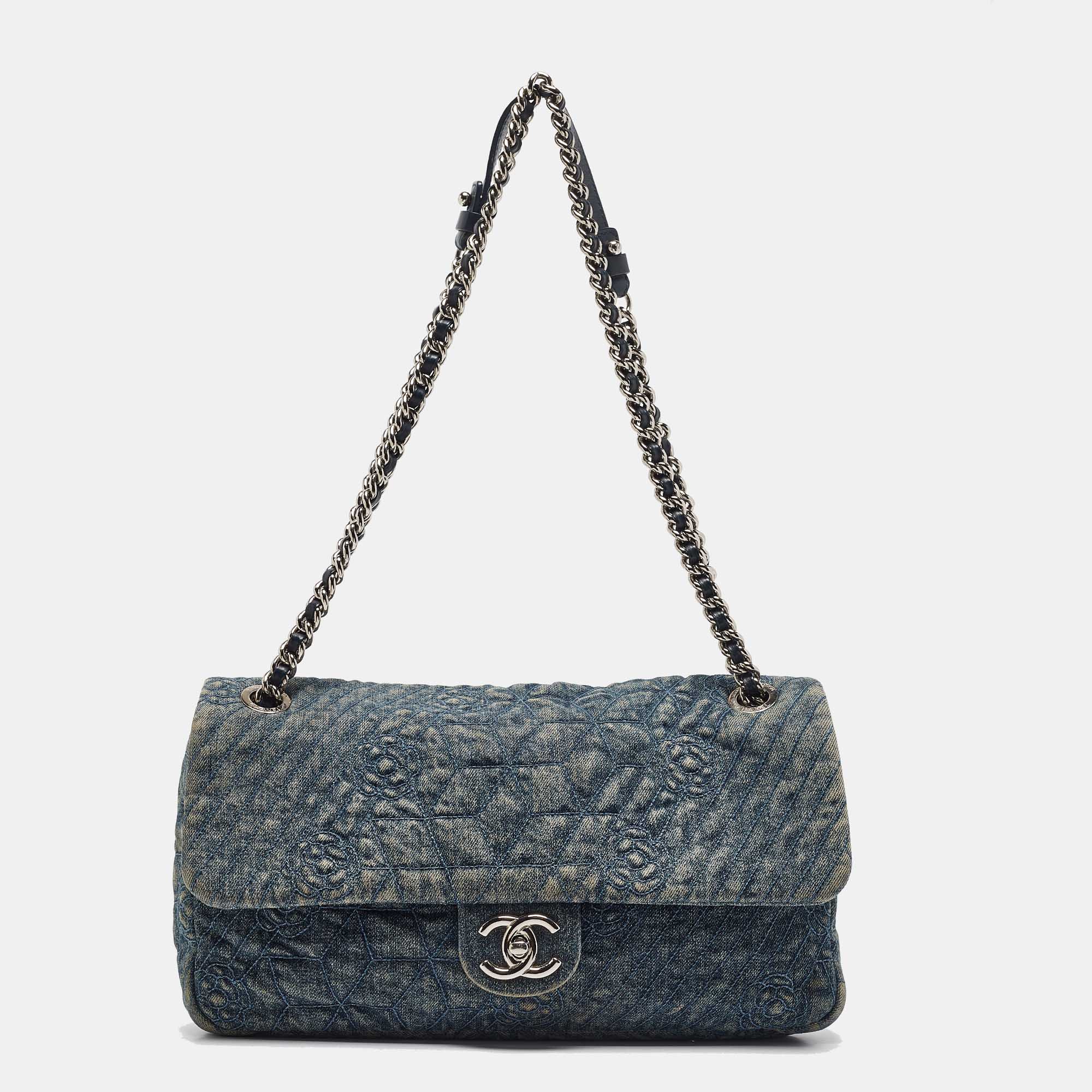 

Chanel Blue Quilted Denim CC Camelia Embroidered Flap Bag