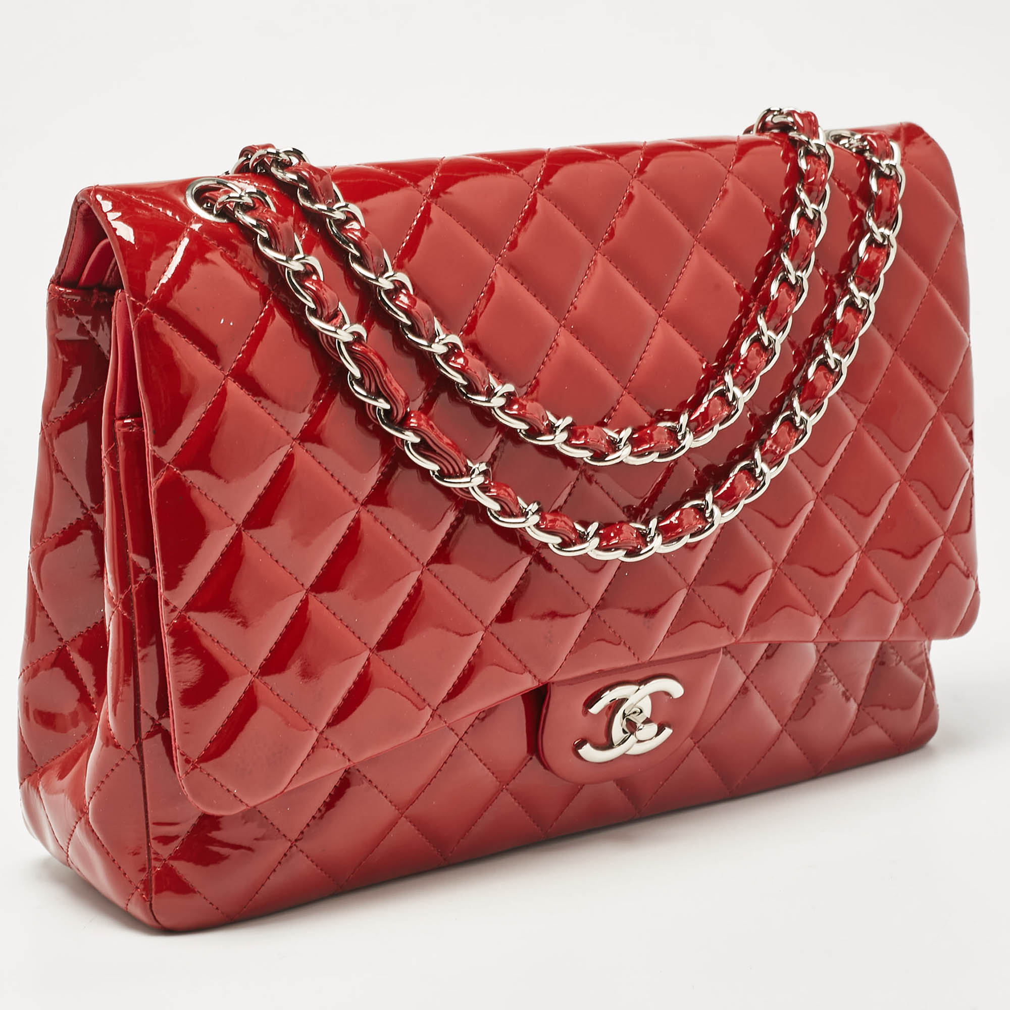 Chanel Red Quilted Patent Leather Maxi Classic Double Flap Bag 
