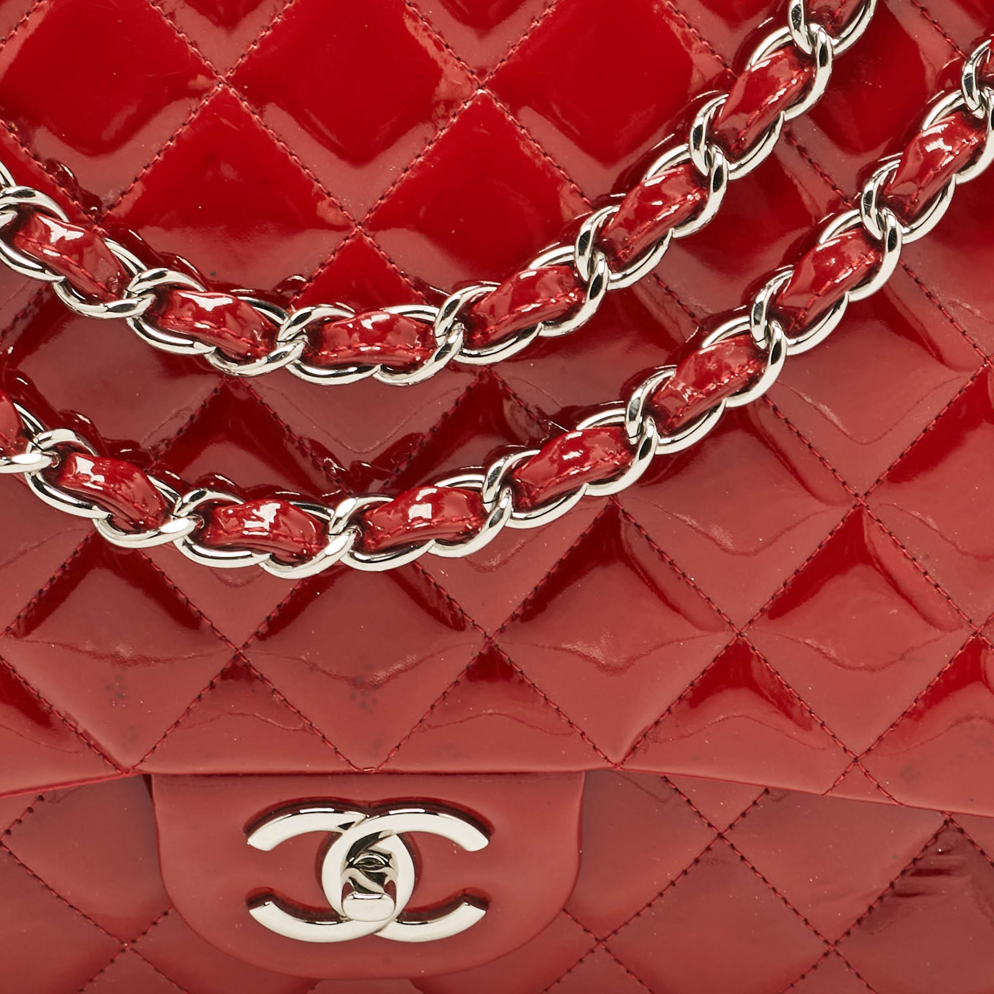 Chanel Red Quilted Patent Leather Maxi Classic Double Flap Bag 