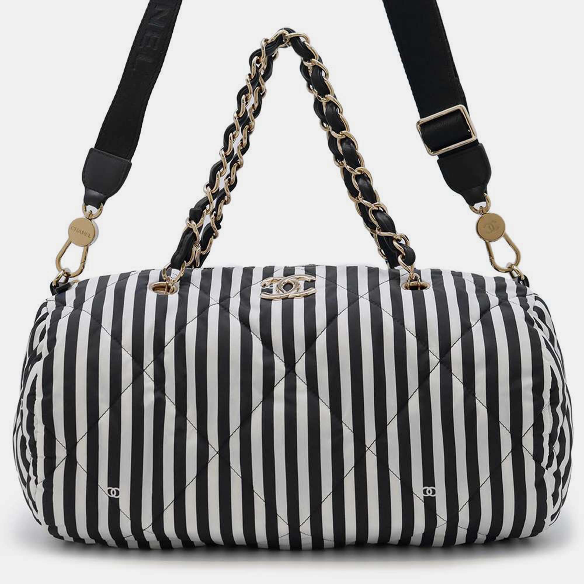 

Chanel White/Black Nylon Striped Bowling Bag