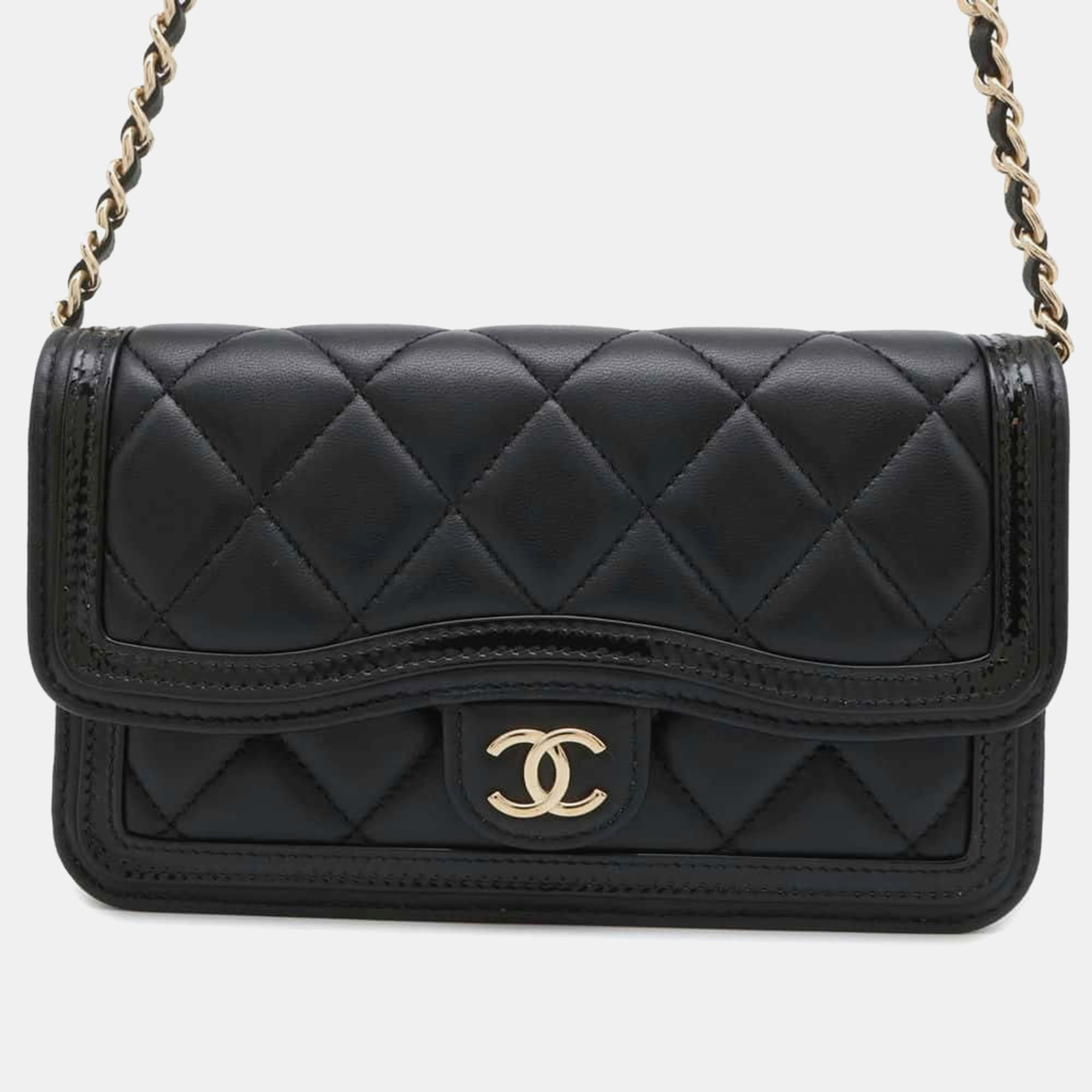 

Chanel Black Lambskin and Patent Leather Matelasse Chain Phone Case Bag