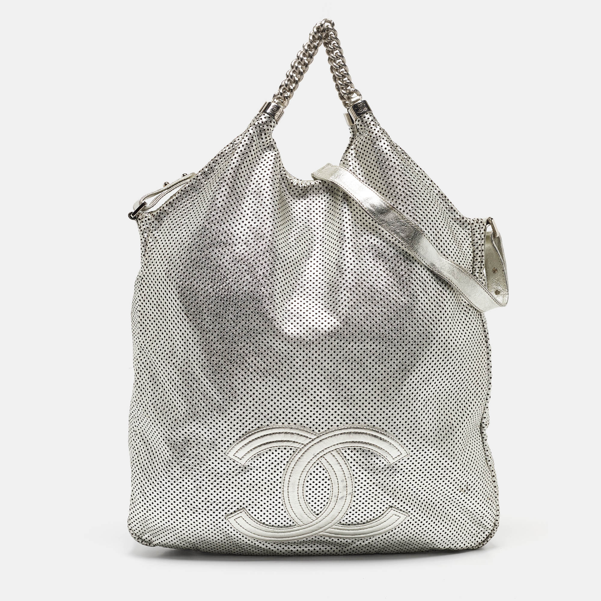 

Chanel Silver Perforated Leather Large Rodeo Drive Hobo