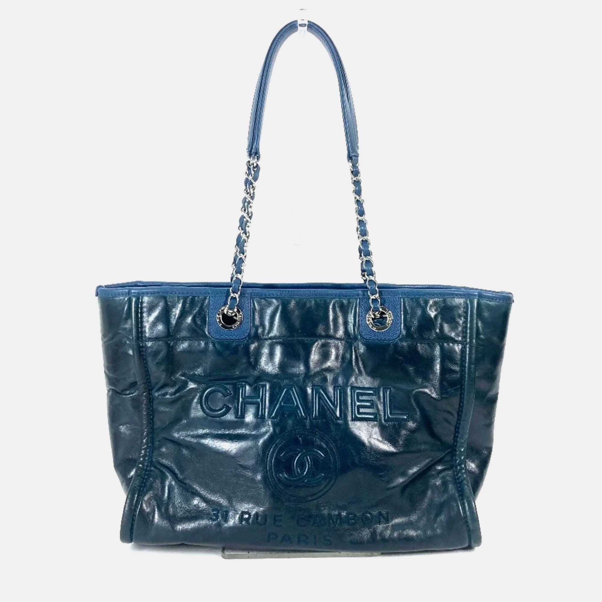 Pre-owned Chanel Navy Logo Tote Bag In Blue