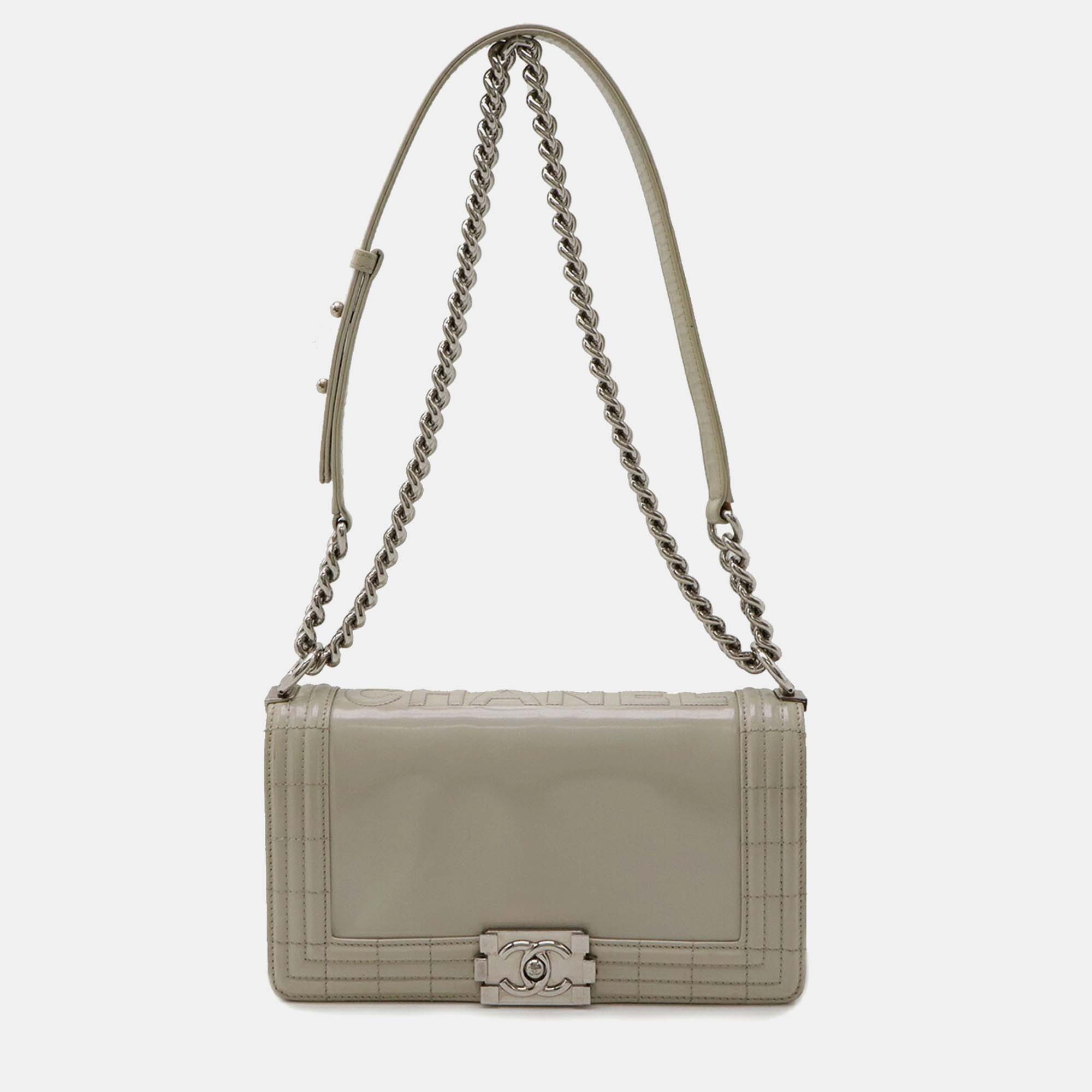 

Chanel Greyish Enamel Leather Boy Matelasse Coco Mark Chain Shoulder Bag, Grey