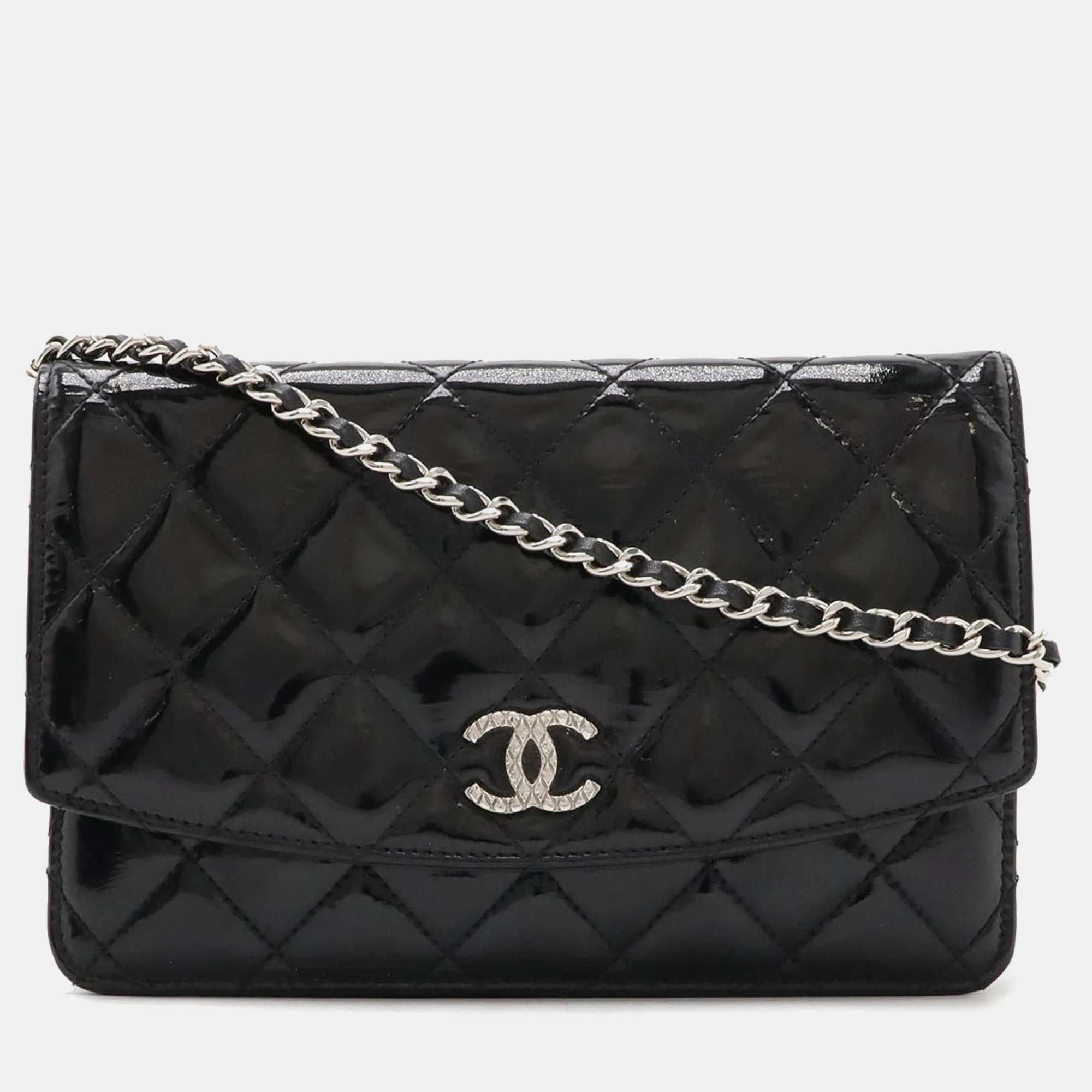 

Chanel Black Enamel Leather Matelasse Chain Wallet Pochette