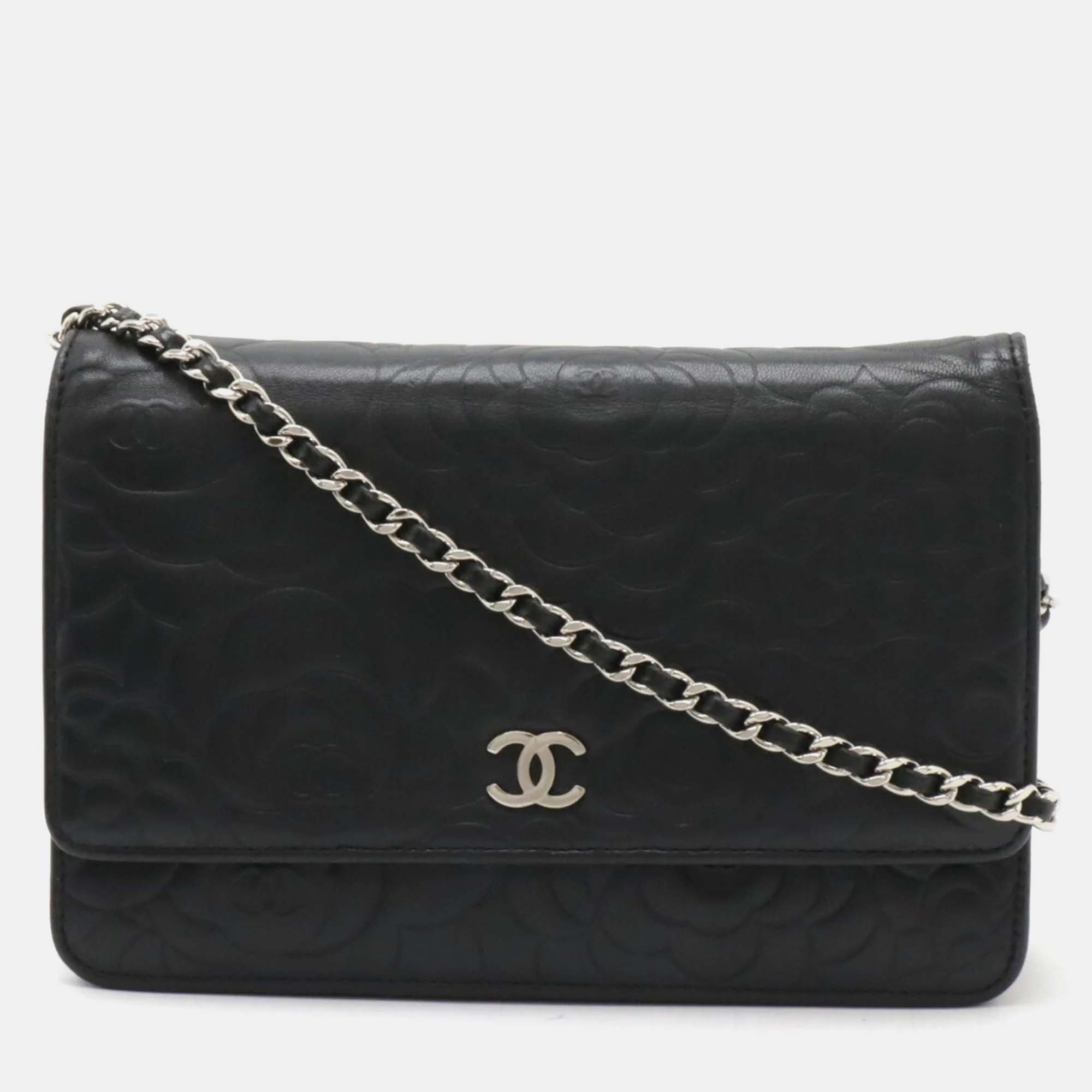 

Chanel Black Lambskin Leather Camellia Chain Wallet Bag