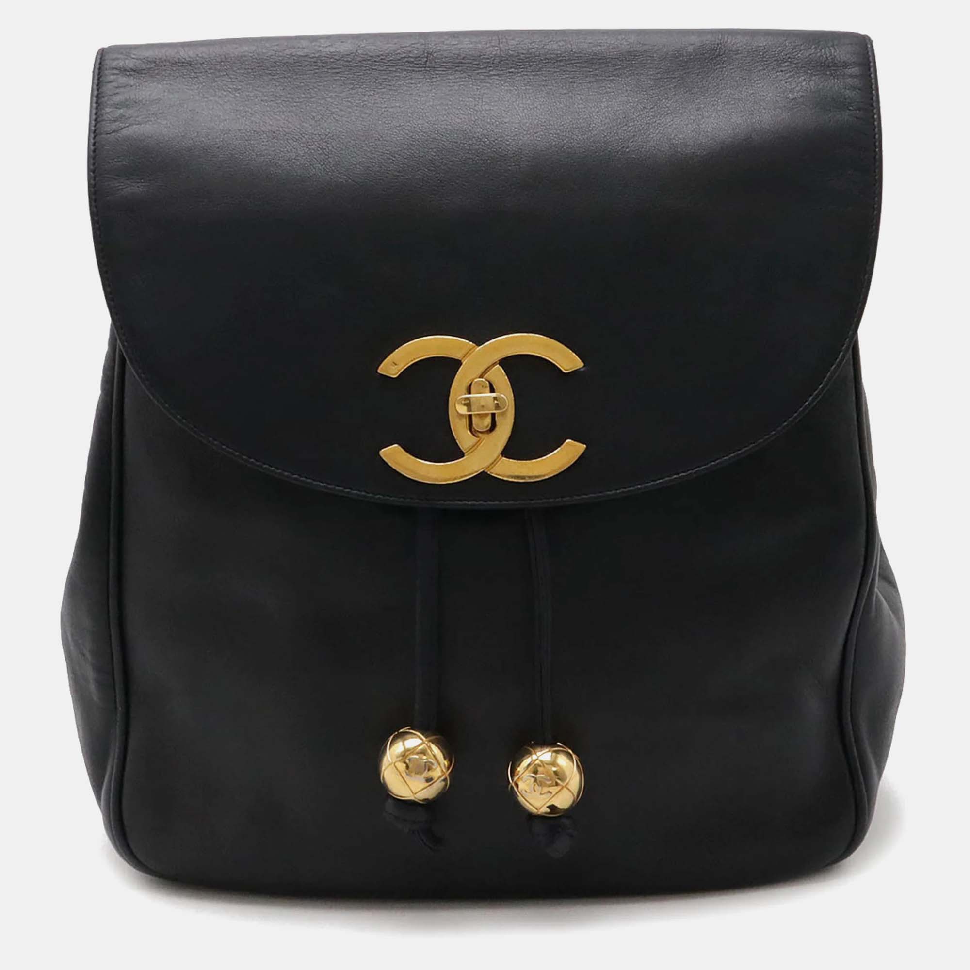 

Chanel Black Navy Leather Coco Mark Chain Backpack Rucksack