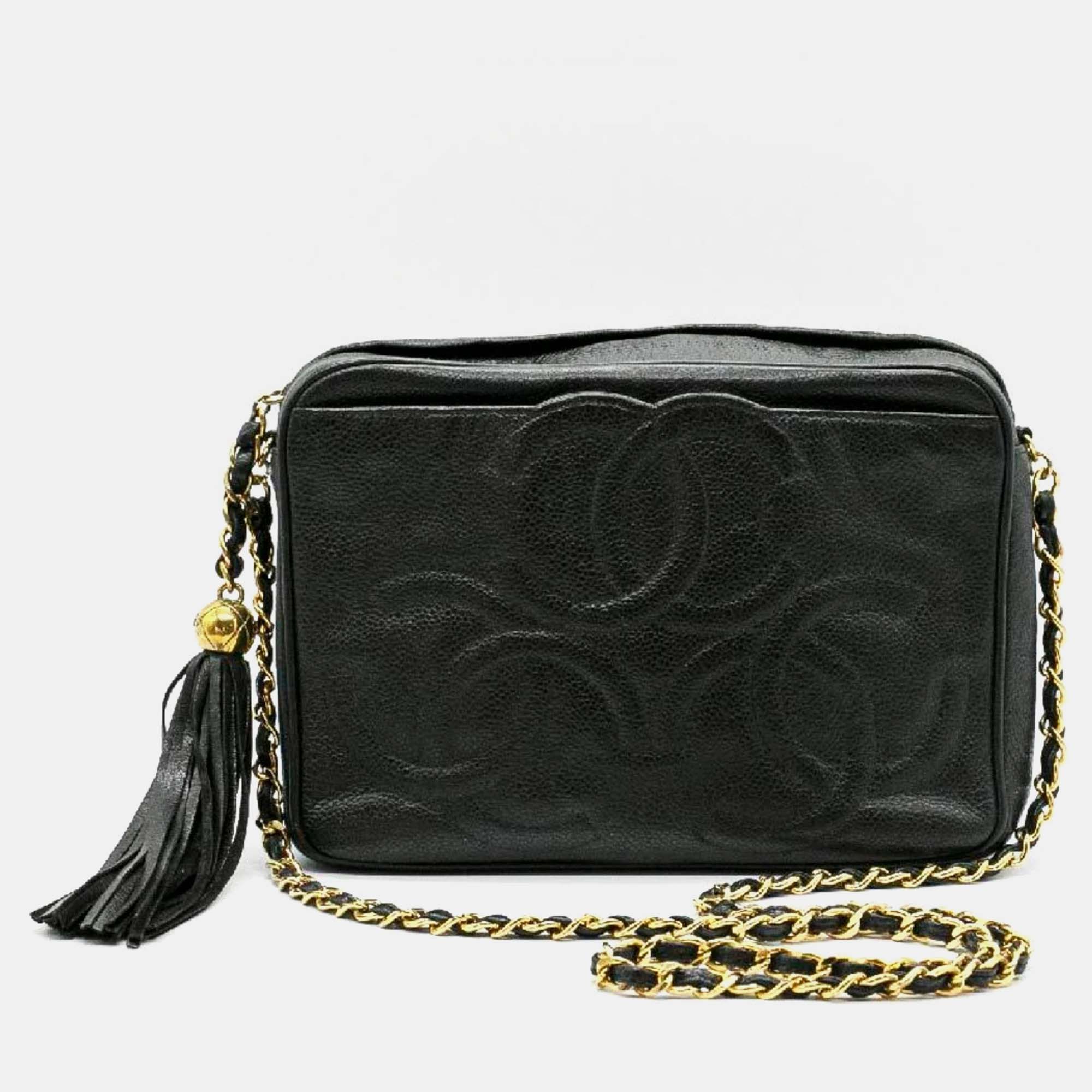 

Chanel Black Gold Caviar Skin Leather Triple Coco Mark Bag