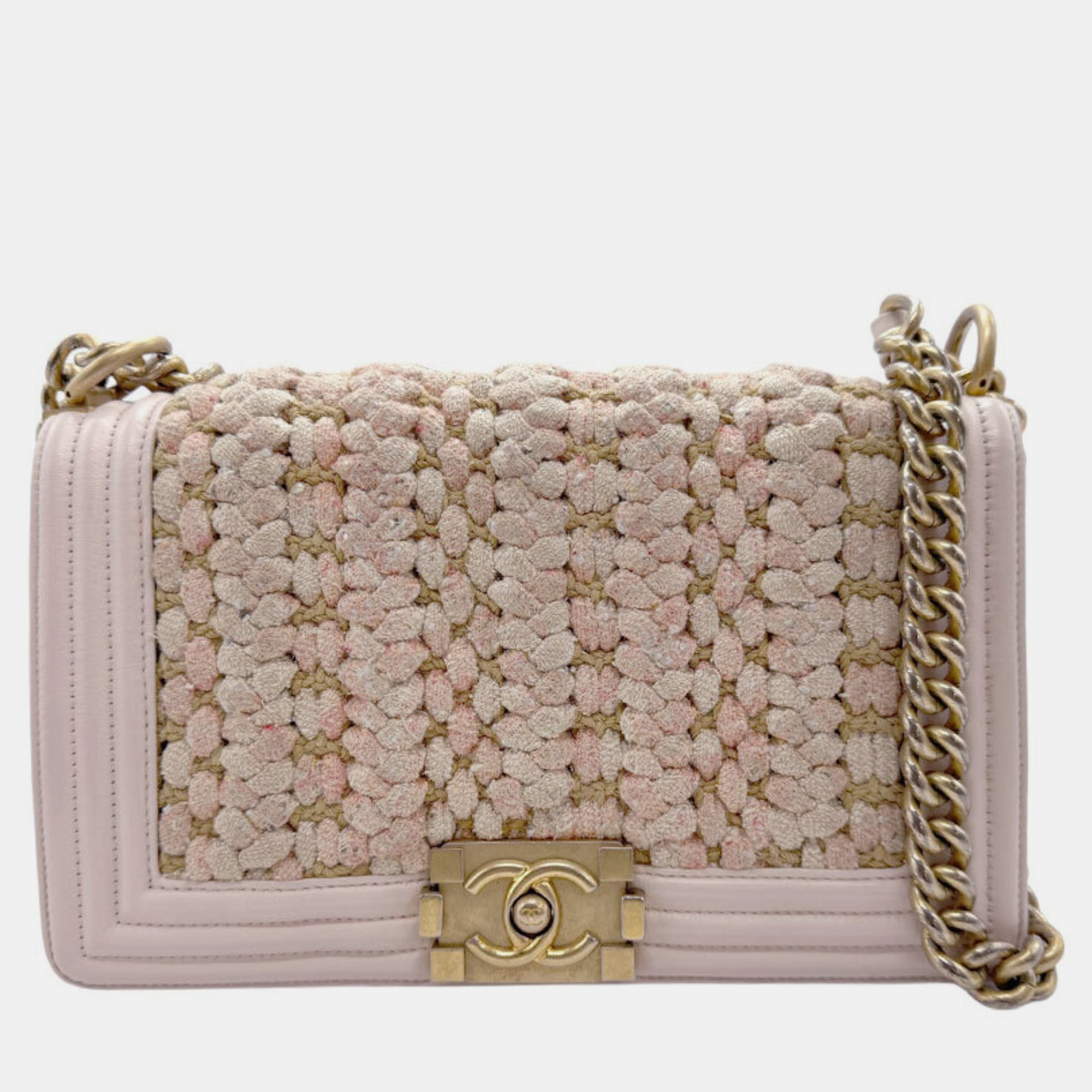 

Chanel Light Pink Beige Gold Cotton Leather Boy Bag