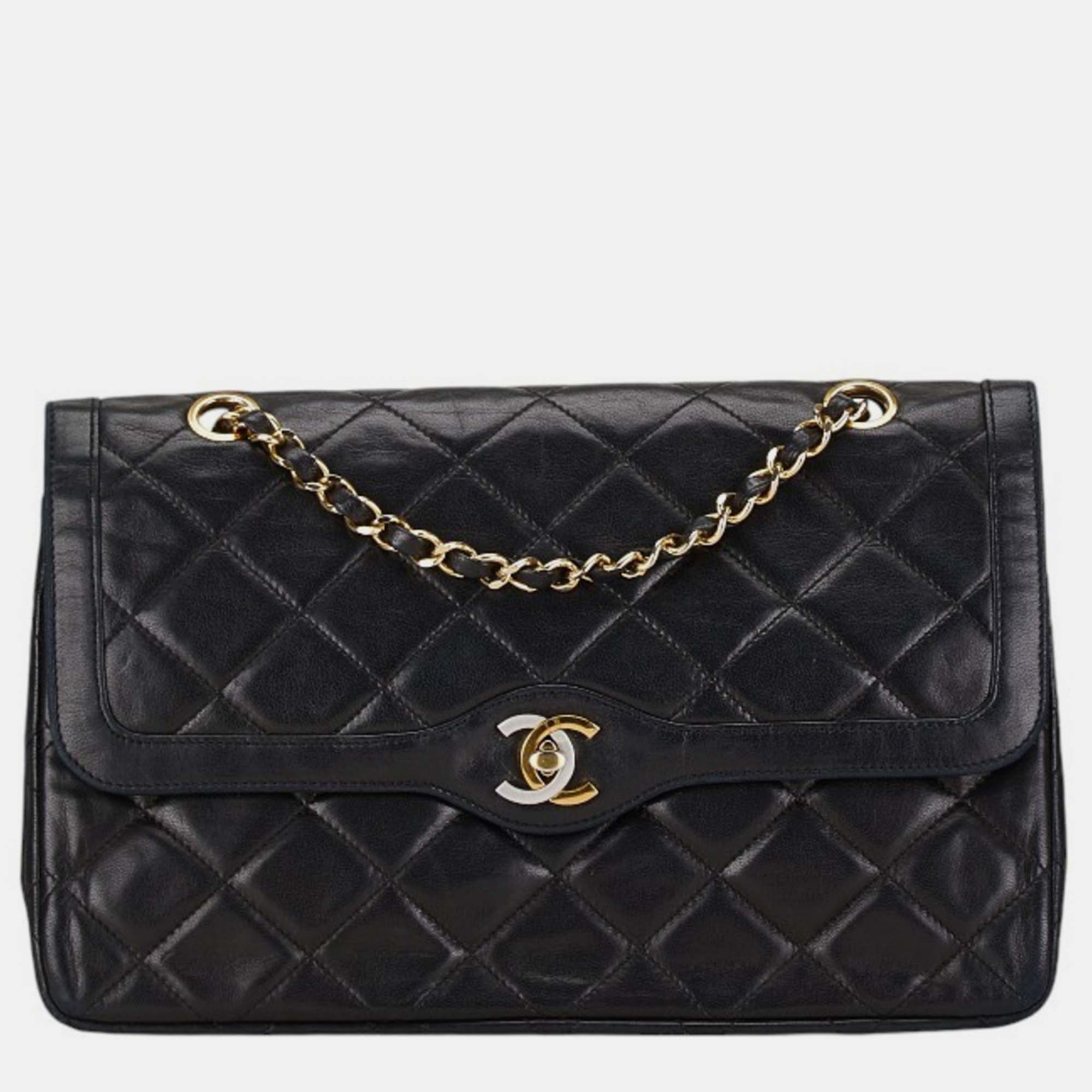 

Chanel Black Lambskin Matelasse 25 Coco Mark Double Flap Chain Bag