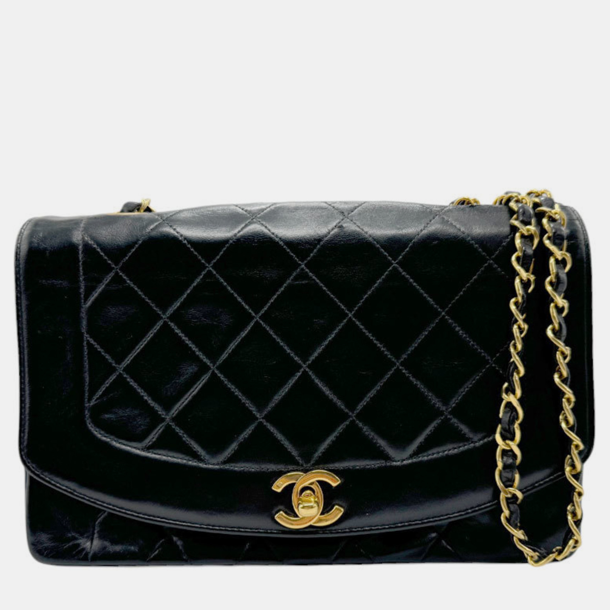 

Chanel Black Gold Lambskin Diana Matelasse 25 Shoulder Bag