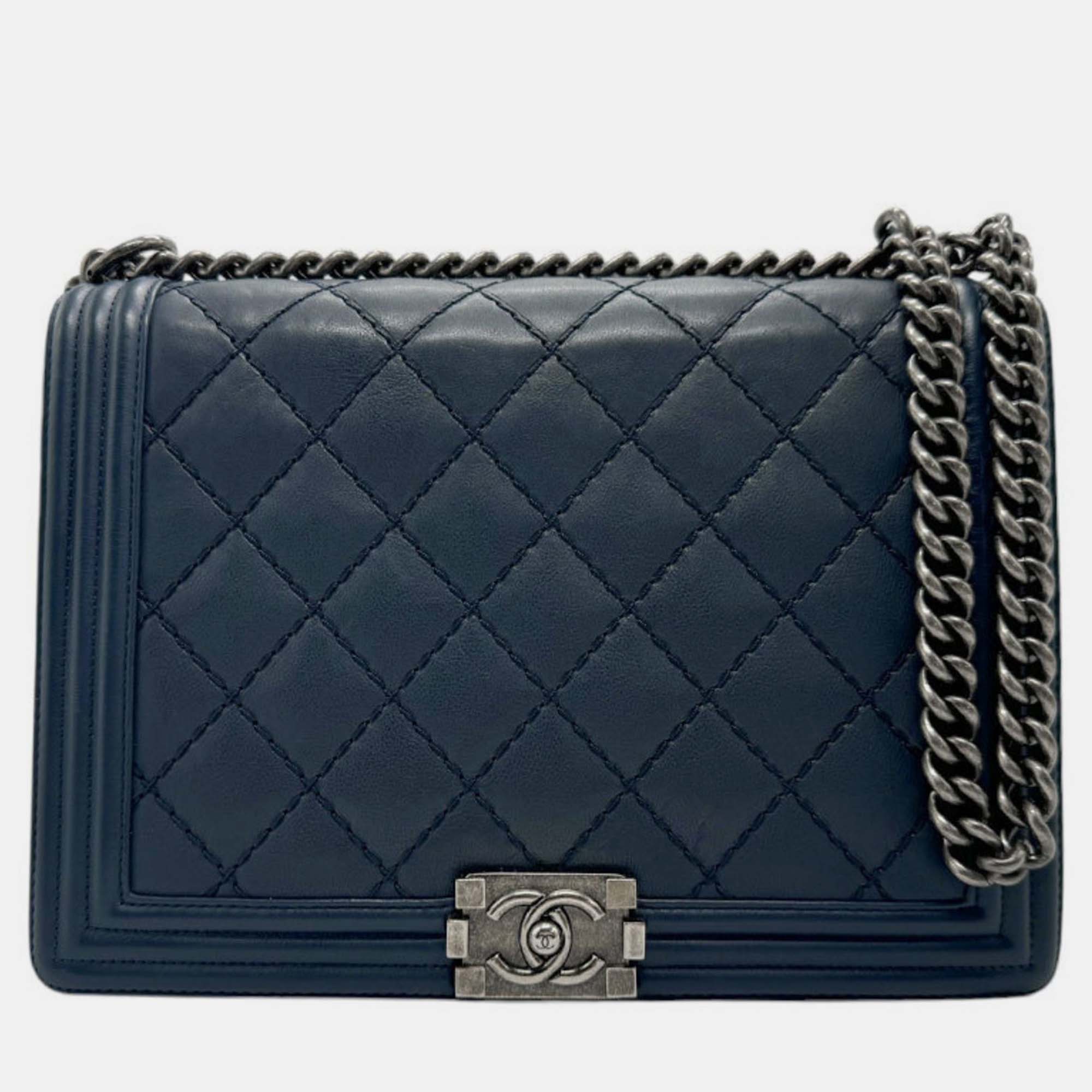 

Chanel Navy Gunmetal Leather Boy Bag, Navy blue