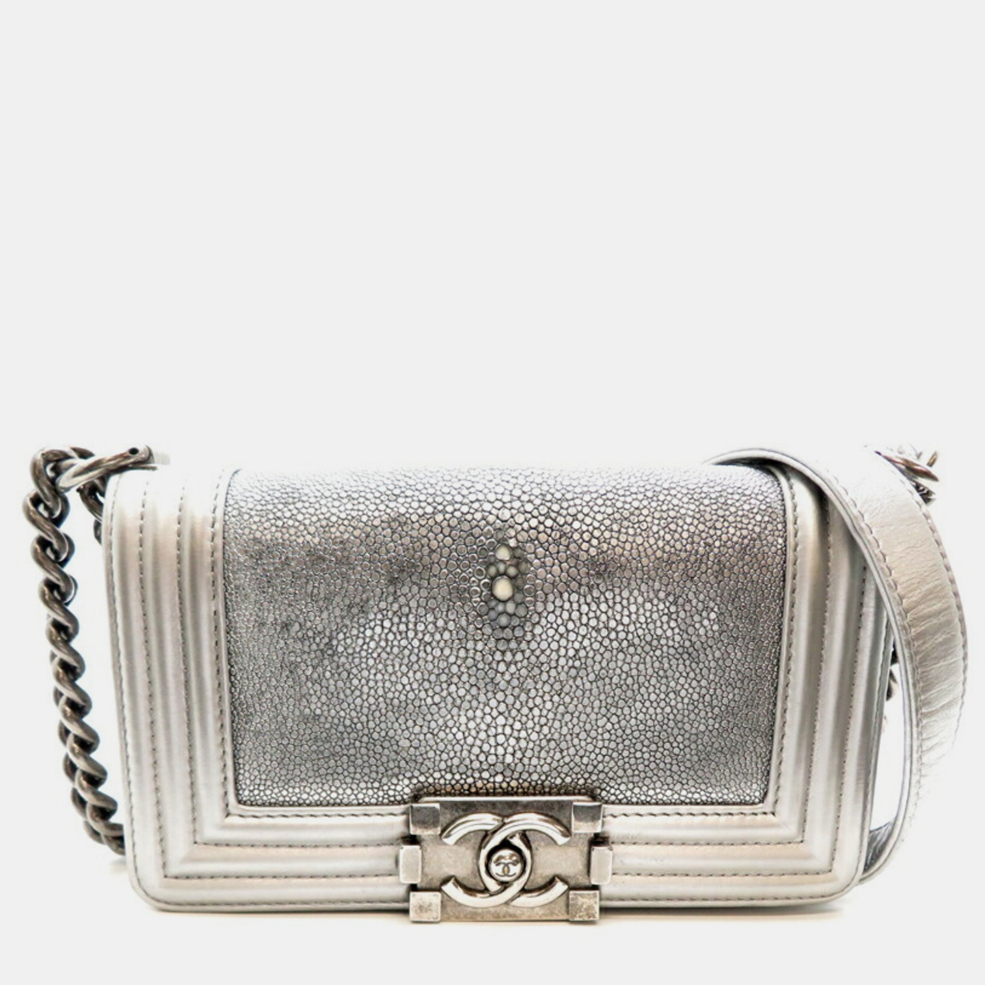 

Chanel silver sticker attached Boy Galuchat chain shoulder bag