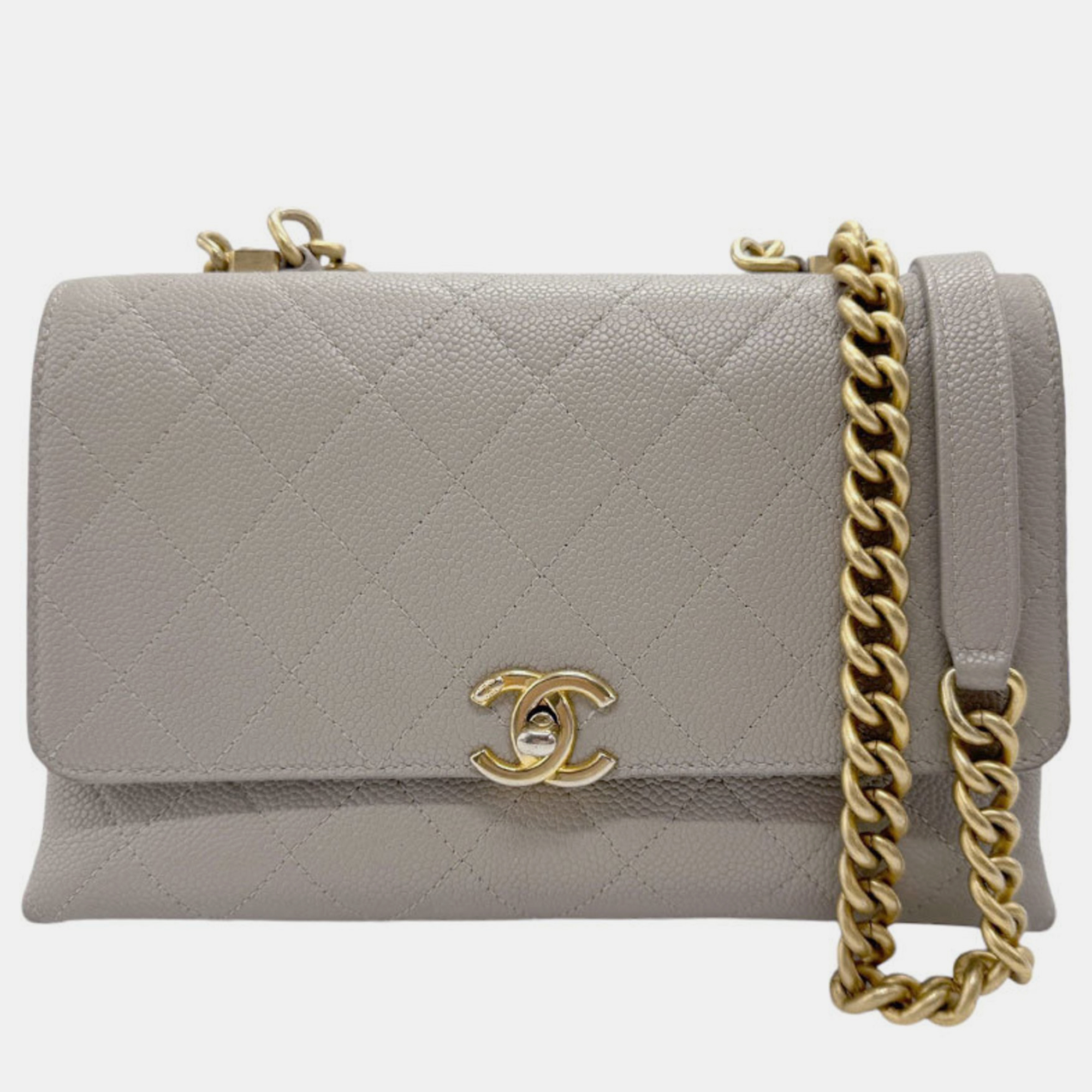 

Chanel Light Gray Gold Caviar Skin Leather Matelasse Shoulder Bag, Grey
