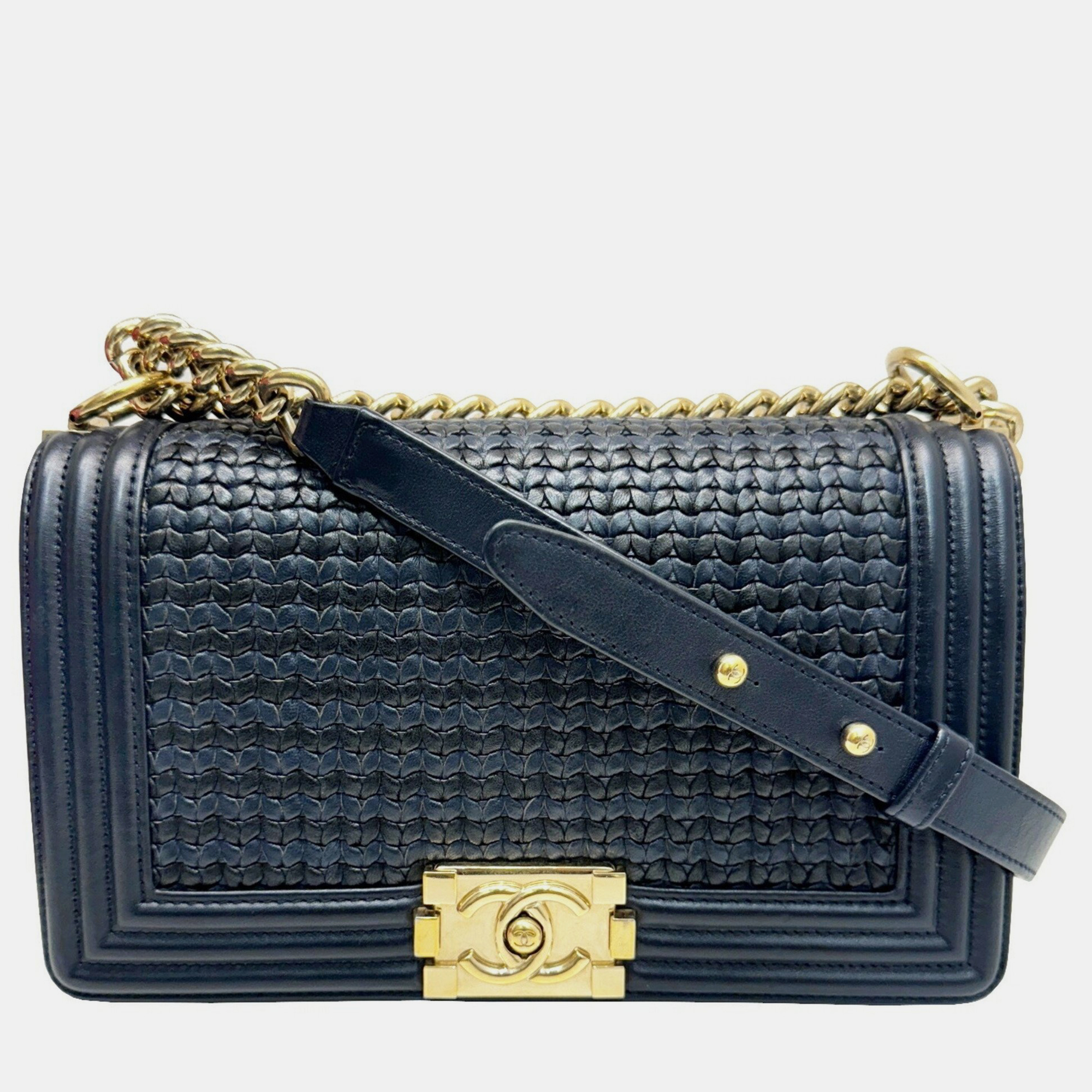 

Chanel black navy leather Boy knitted chain shoulder bag, Navy blue