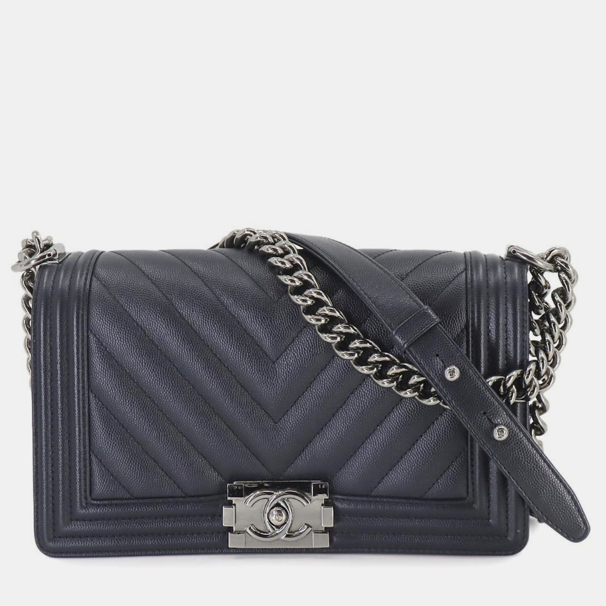 

Chanel Navy Caviar Skin Chevron Boy Chain Shoulder Bag, Navy blue