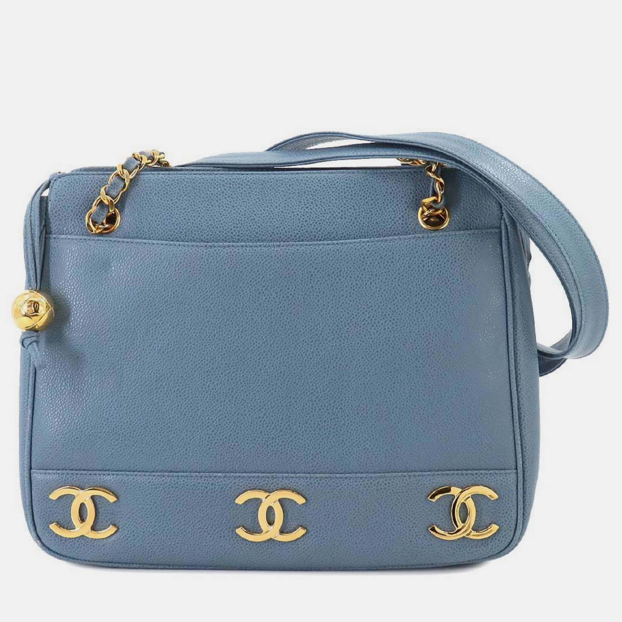 

Chanel Light Blue Caviar Skin Leather Triple Coco Chain Shoulder Bag