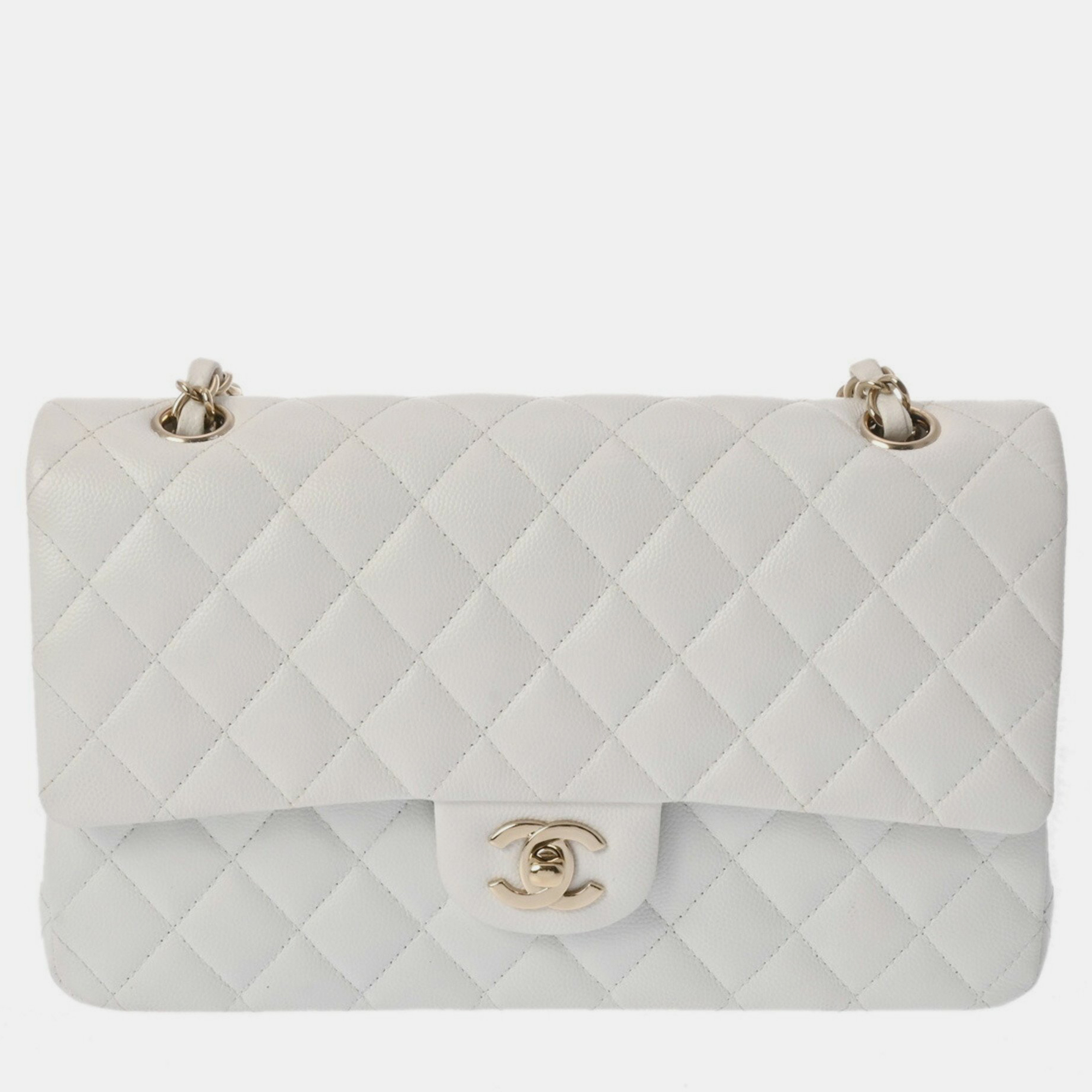 

Chanel White Caviar Skin Matelasse Chain Shoulder Double Flap  Bag