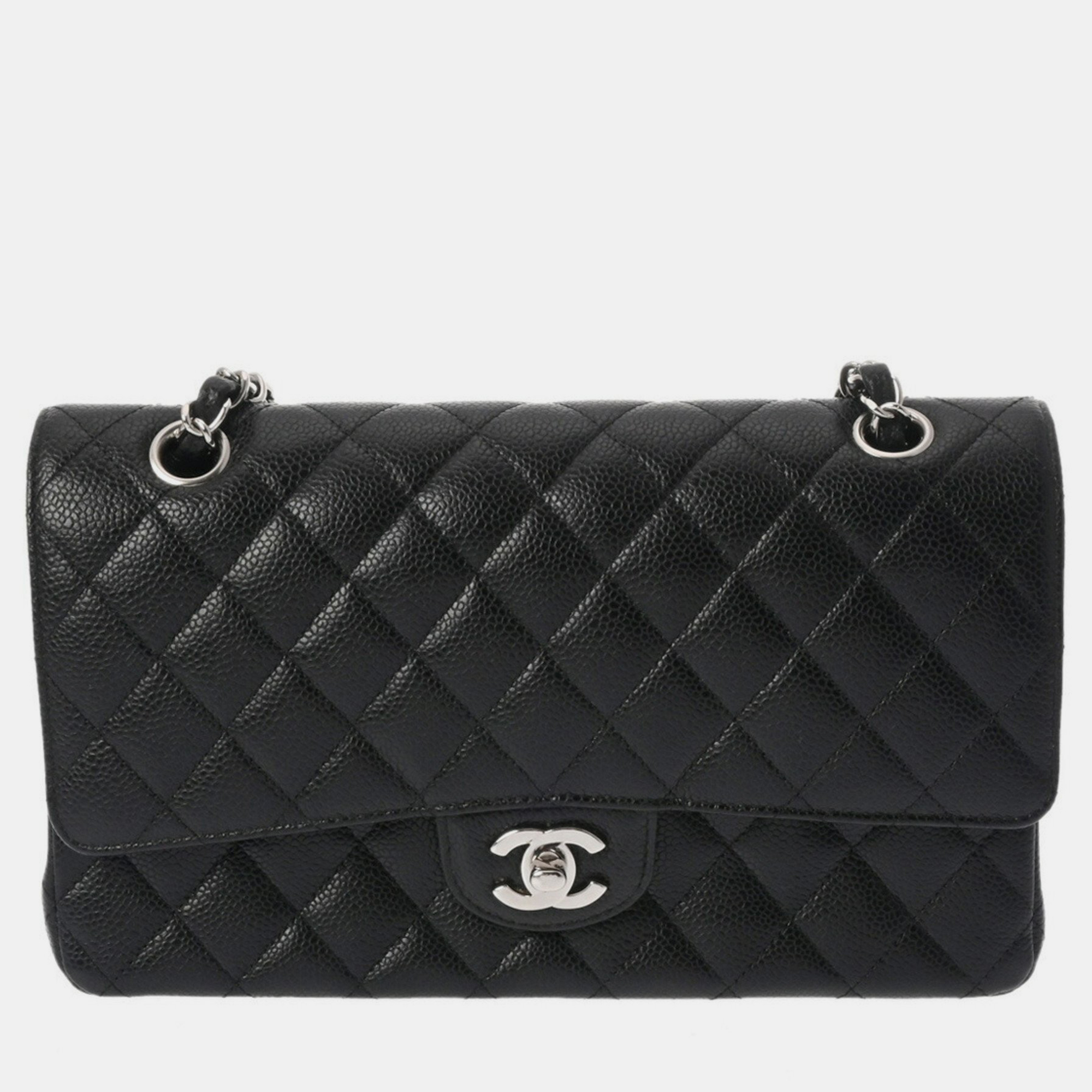 

Chanel Black Caviar Skin Matelasse Chain Shoulder Double Flap  Bag