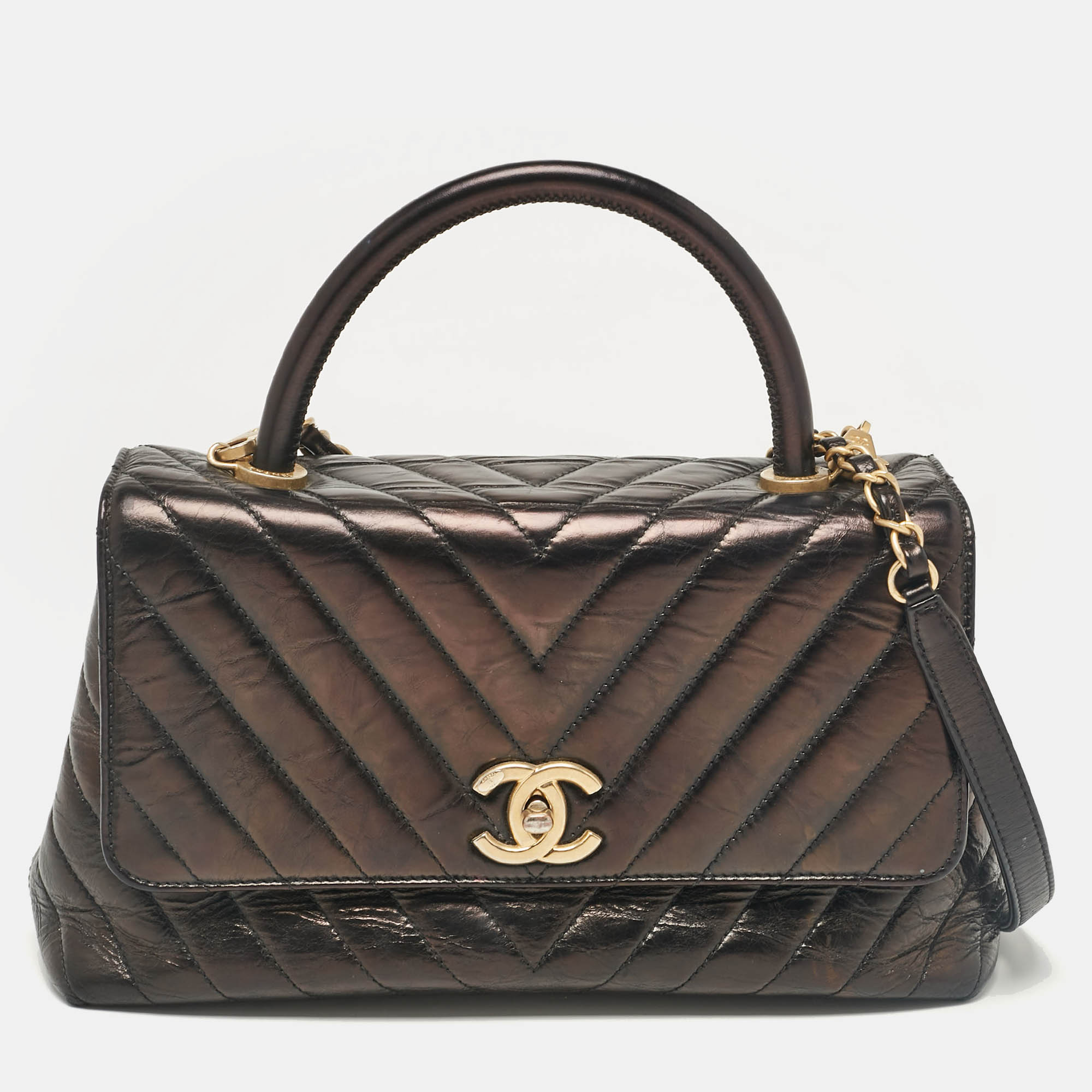 Pre-owned Chanel Black Chevron Leather Small Coco Top Handle Bag