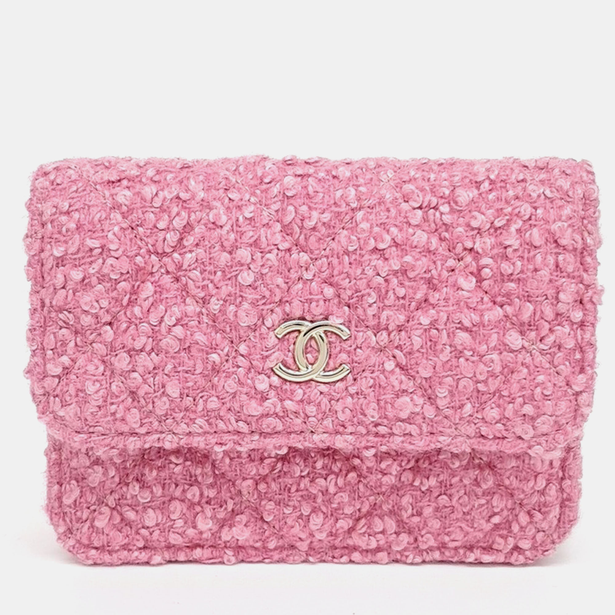 Pre-owned Chanel Tweed Mini Chain Belt Bag In Pink