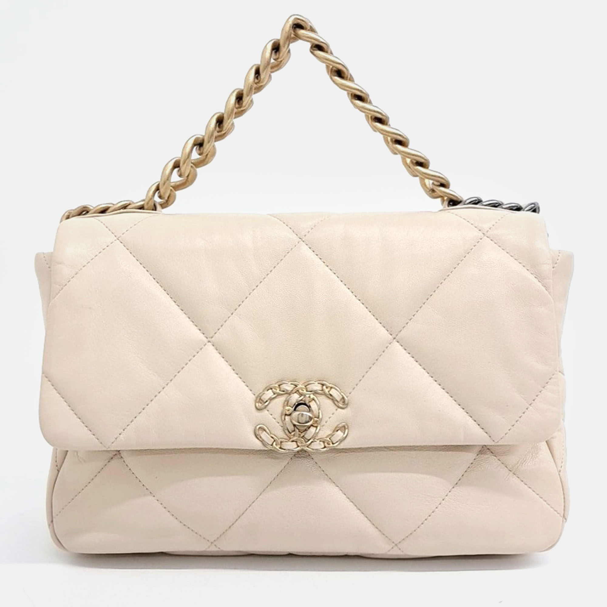 Pre-owned Chanel 19 Flap Large Bag In Beige