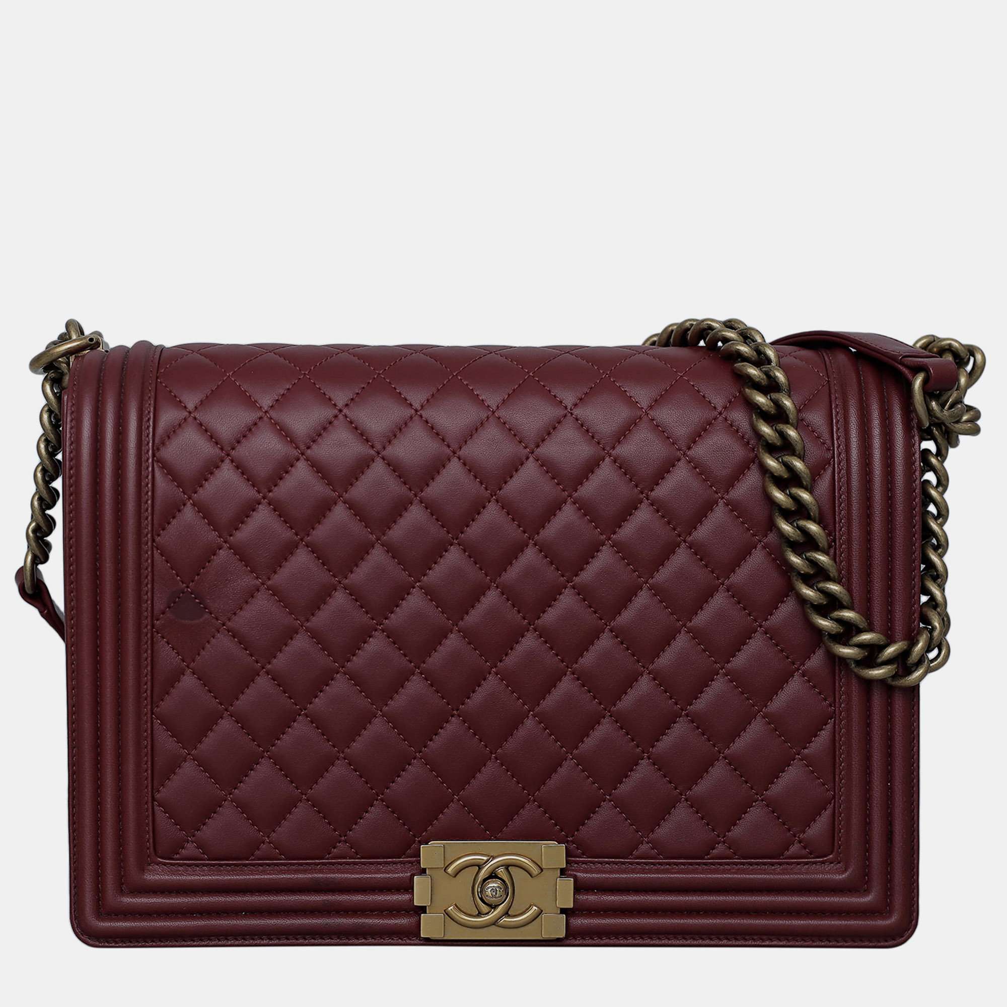 Pre-owned Chanel Maroon Leather Large Boy Bag In Red