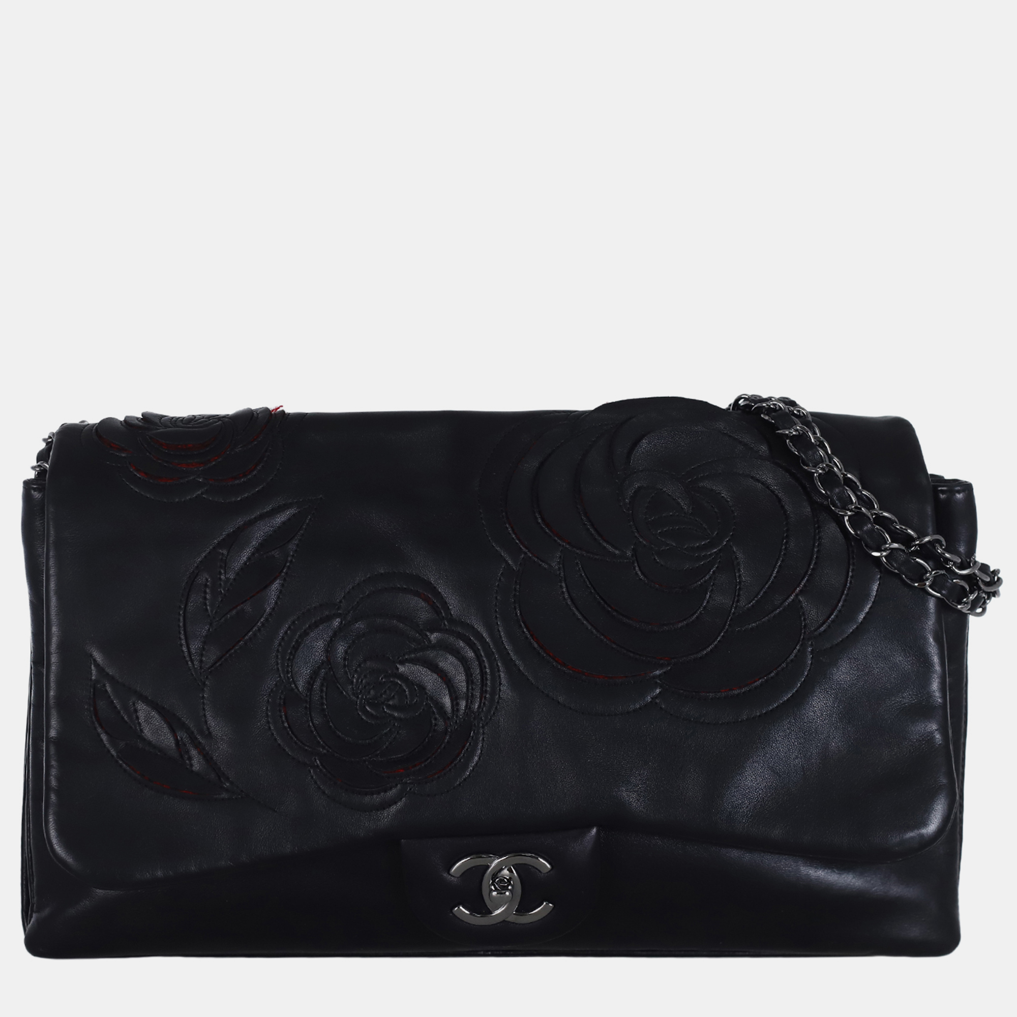 

Chanel Black Leather Petal Tweed Camellia Accordion Flap Shoulder Bag