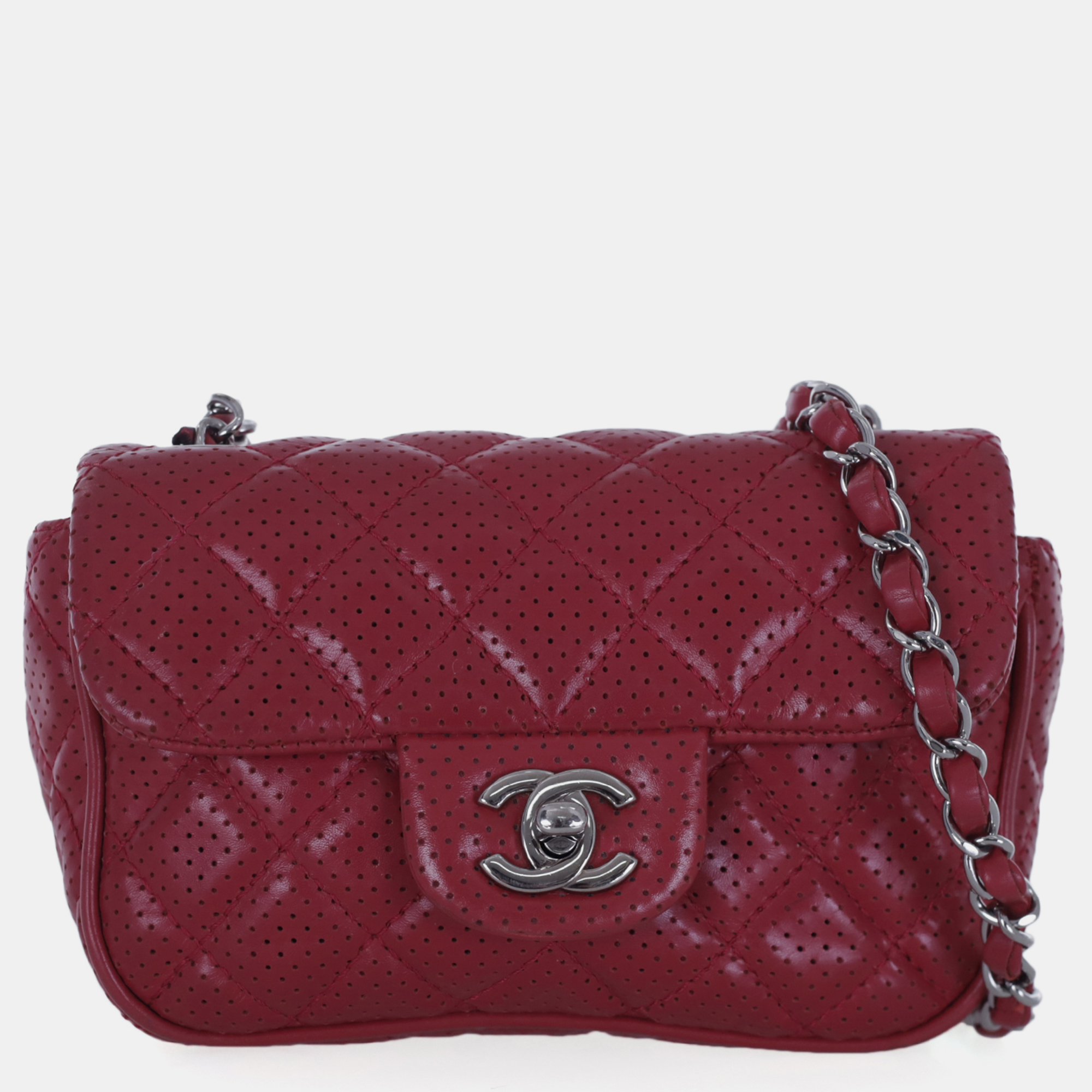 Pre-owned Chanel Red Leather Perforated Extra Mini Rectangle Flap Bag