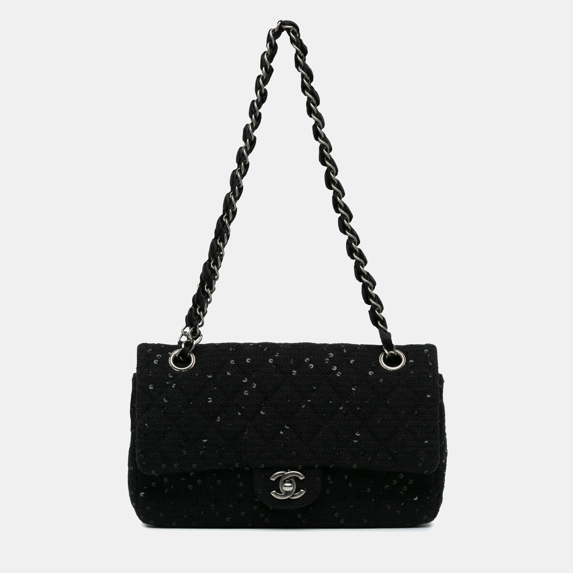 

Chanel Medium Classic Sequined Tweed Double Flap Bag, Black