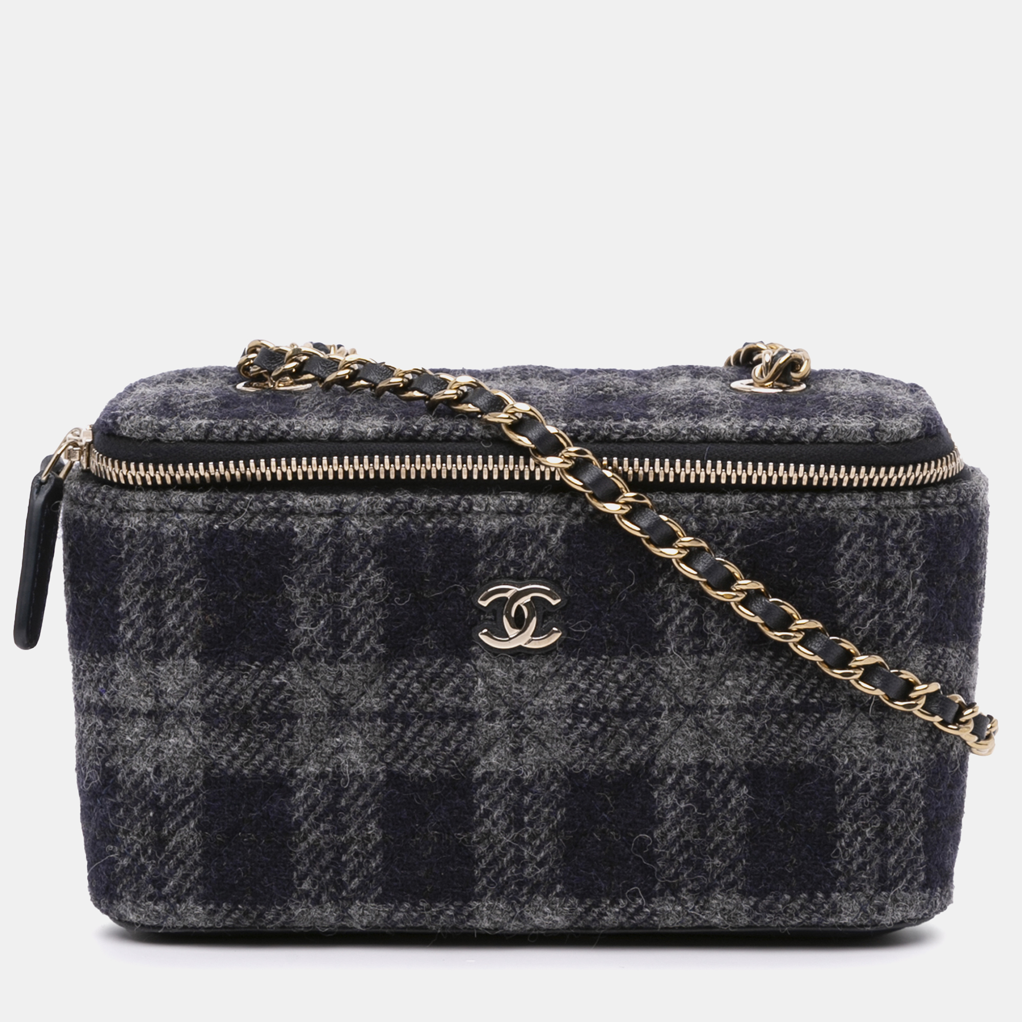 

Chanel Small Tweed Plaid Vanity Case with Chain, Black