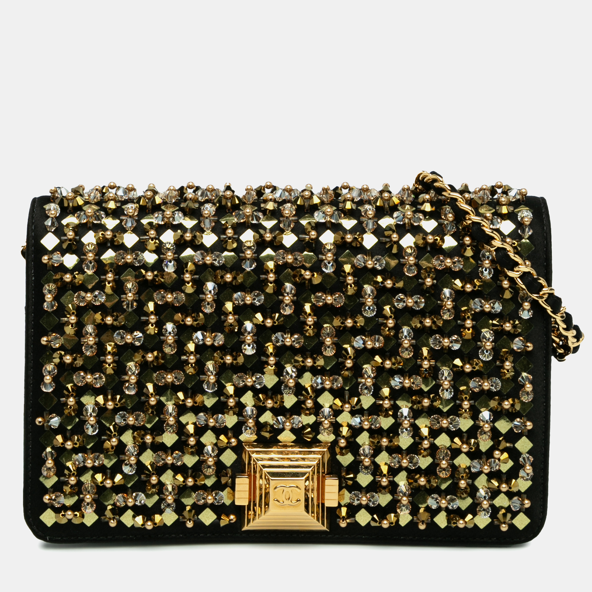 

Chanel Black Satin Gold Embellished Pyramid Wallet On Chain