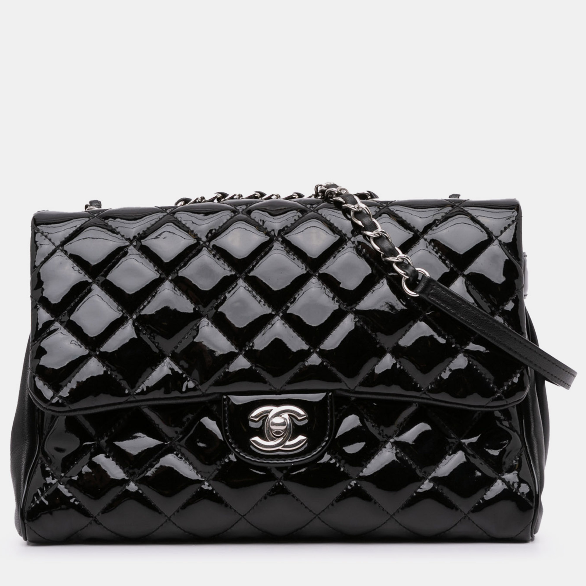 

Chanel Black Quilted Patent Double Compartment Large Flap Bag