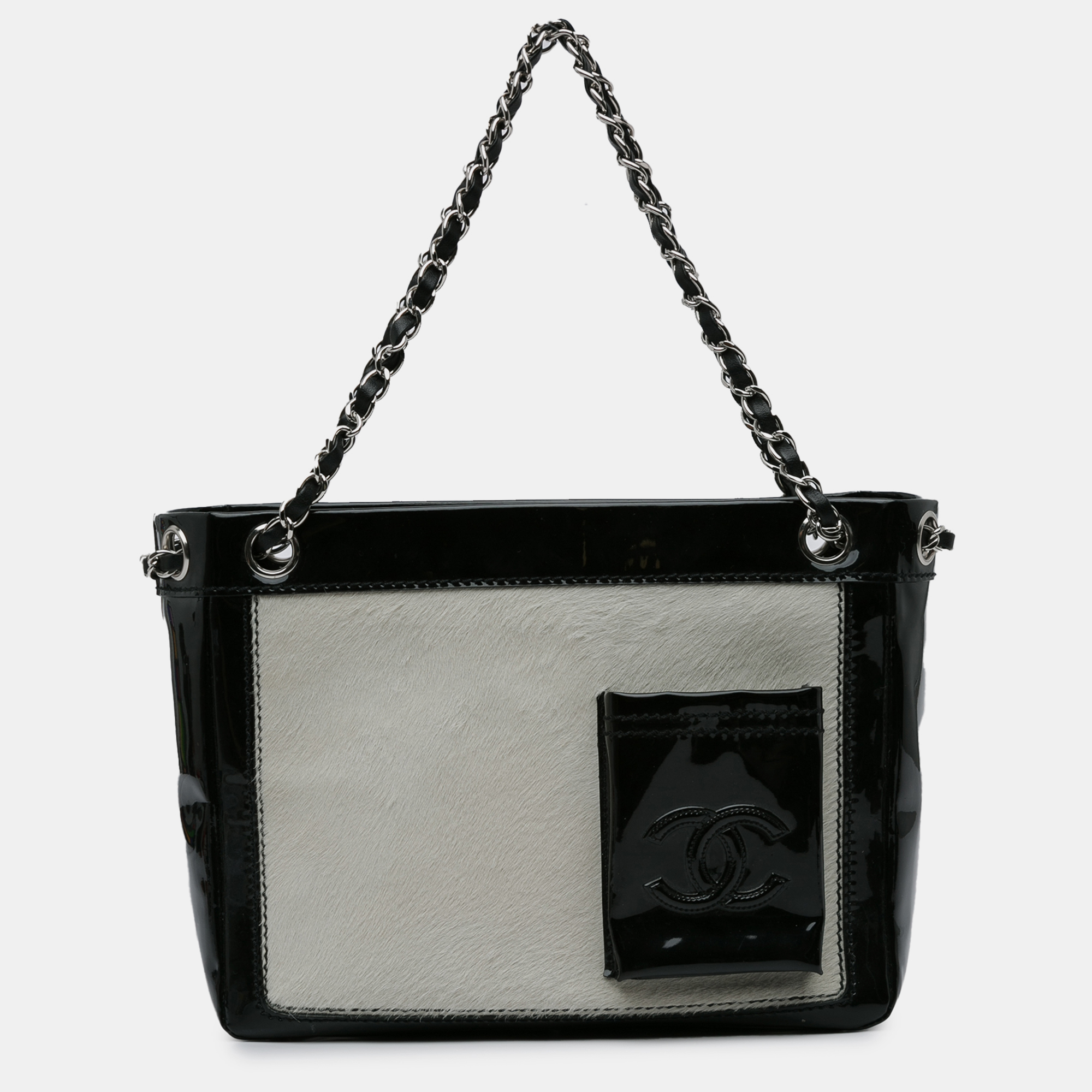 

Chanel Black Patent and Pony Hair Pocket Small Tote Bag, White