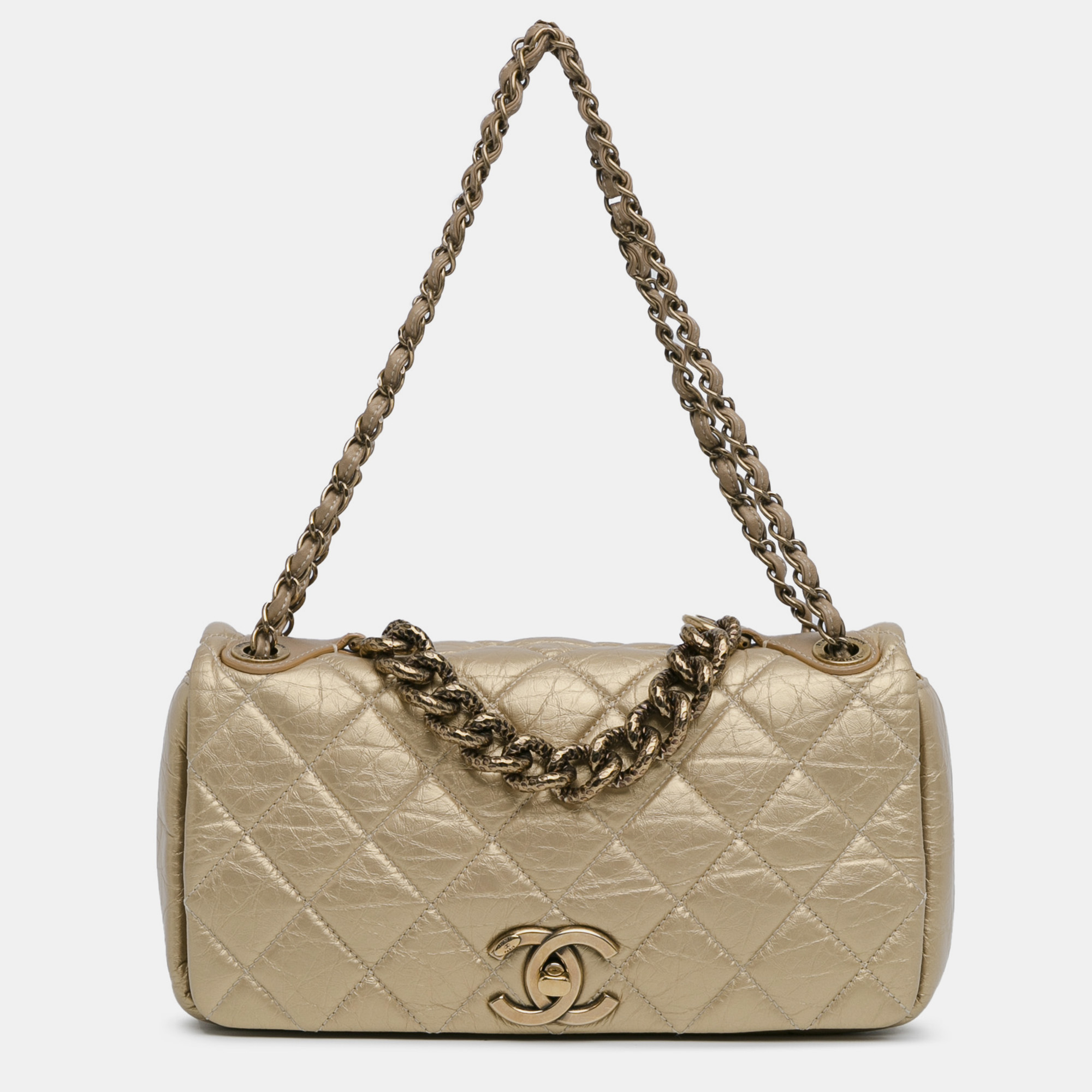 

Chanel Medium Quilted Aged Calfskin Pondicherry Flap, Gold