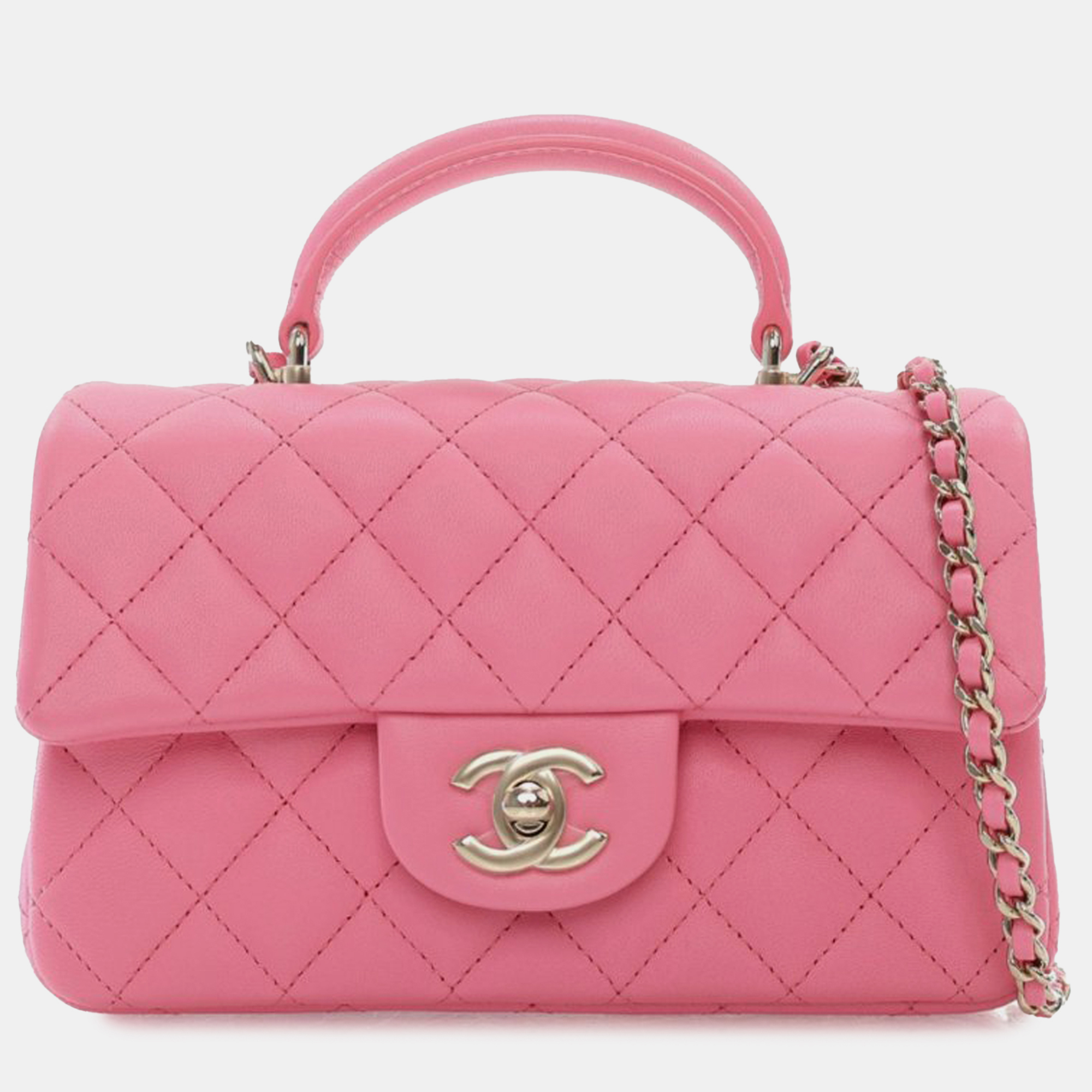 

Chanel Mini Rectangular Lambskin Top Handle Single Flap, Pink