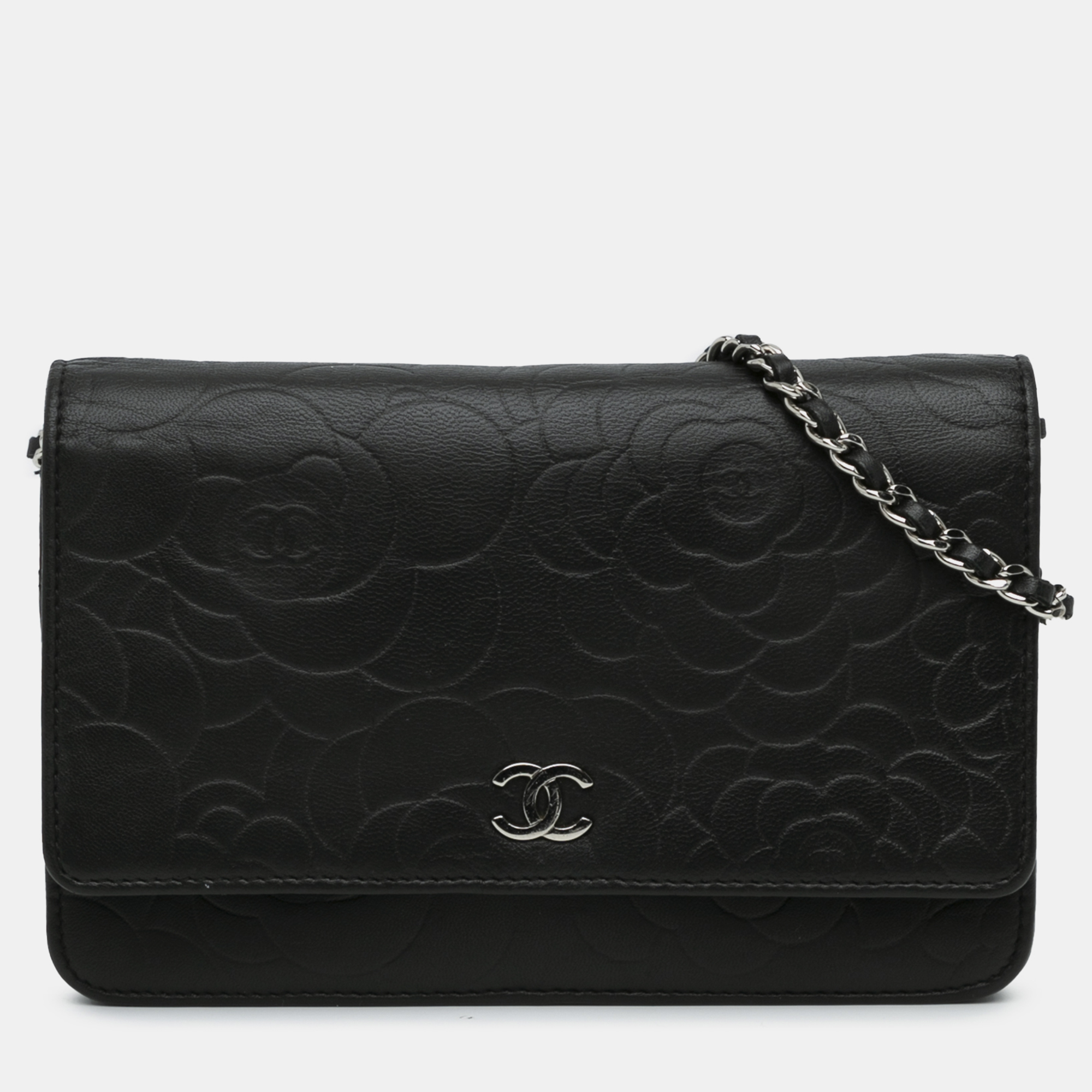 

Chanel Lambskin Camellia Embossed Wallet On Chain, Black