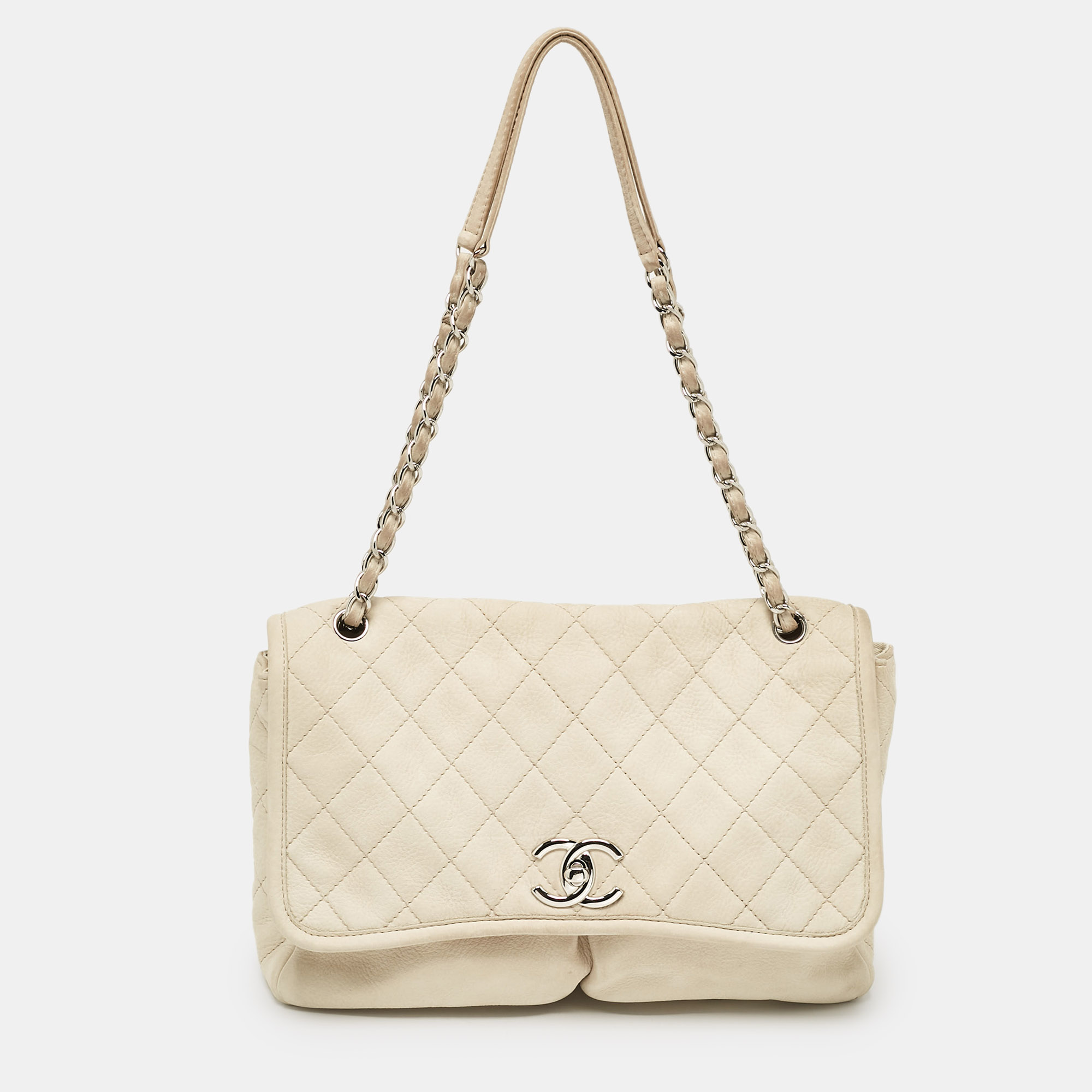 

Chanel Light Beige Nubuck Leather Split Pocket Flap Bag