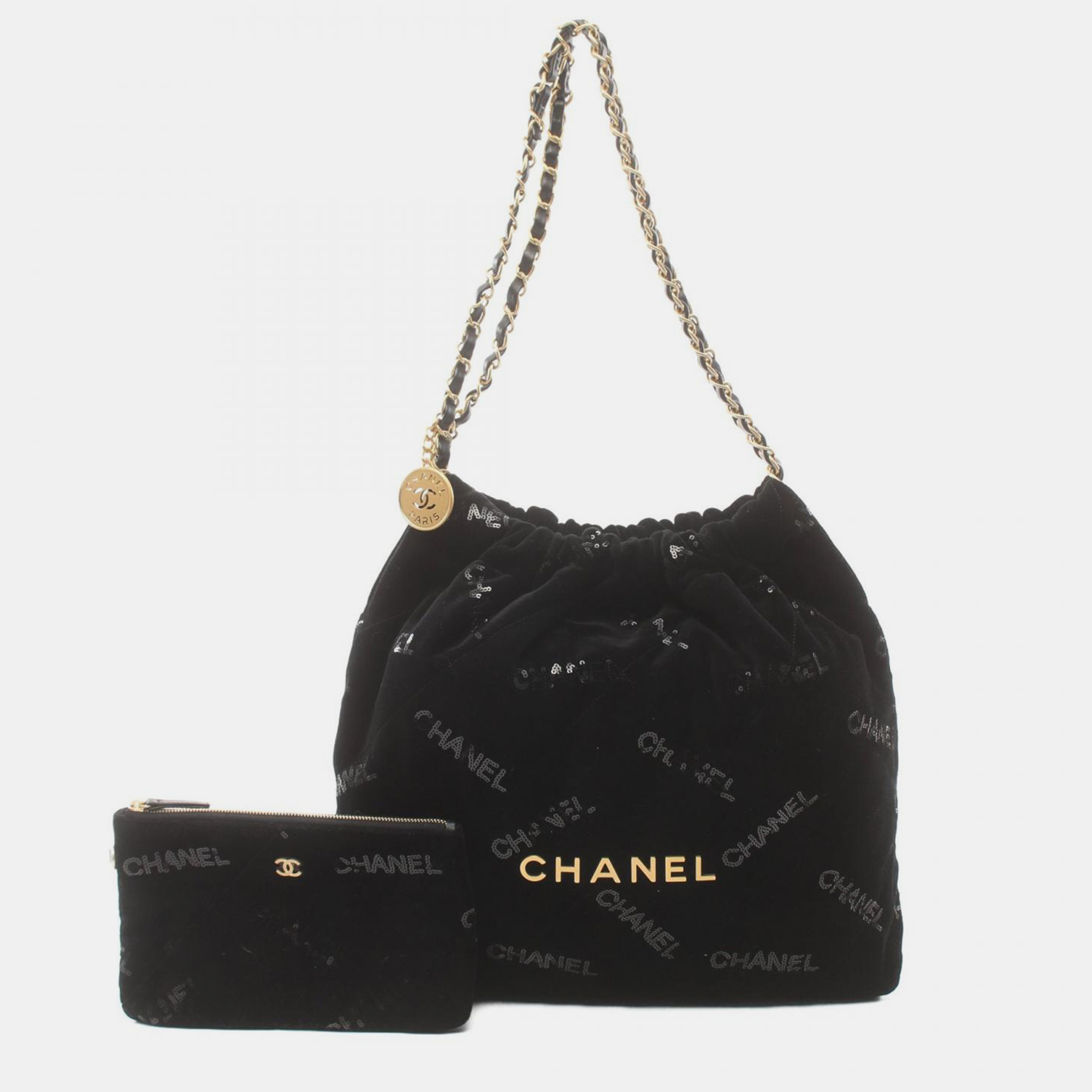 

Chanel Black Quilted Velvet with Sequins  22 Chain Hobo Bag