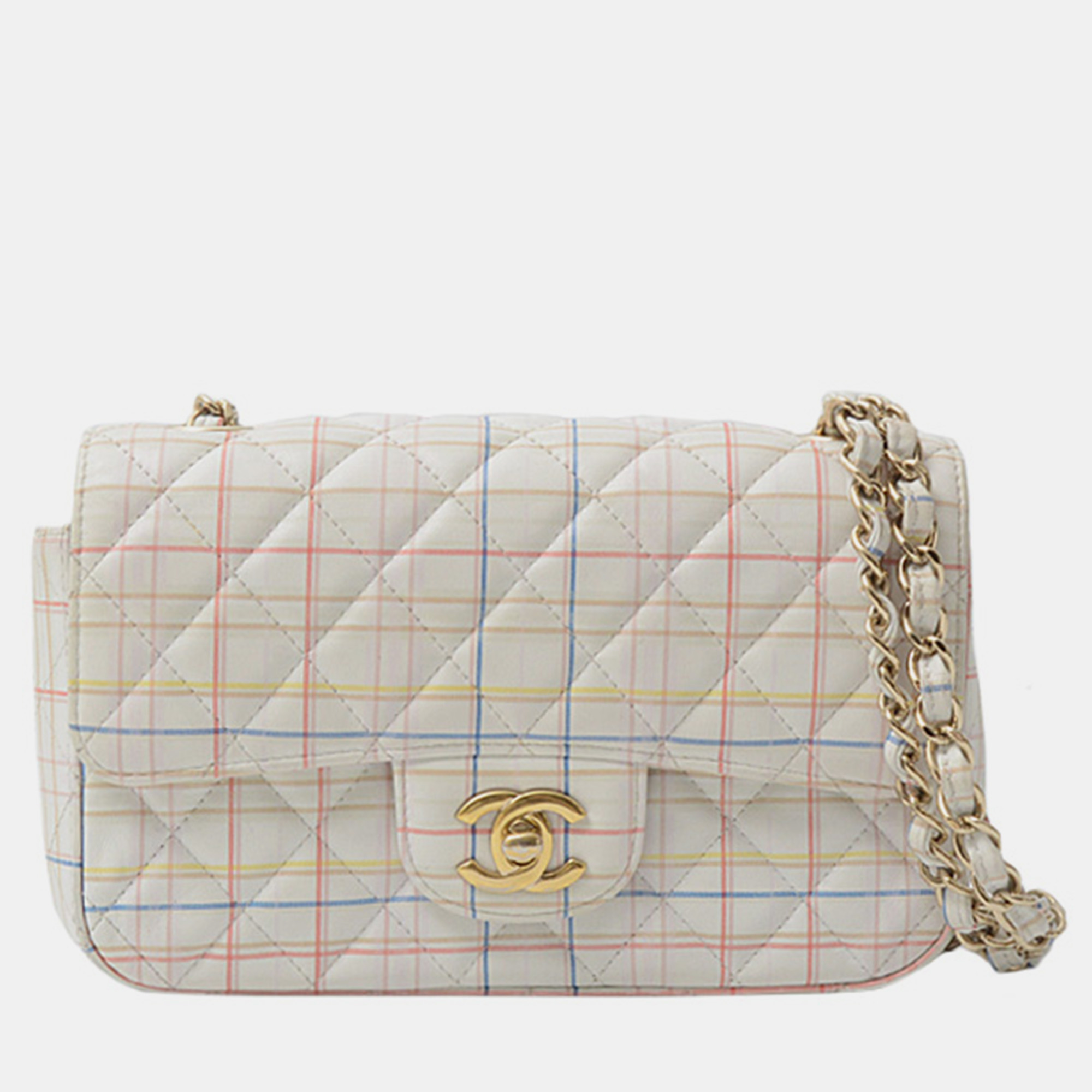 Pre-owned Chanel White/multicolor Calfskin Quilted Plaid Printed Small Single Flap Shoulder Bag