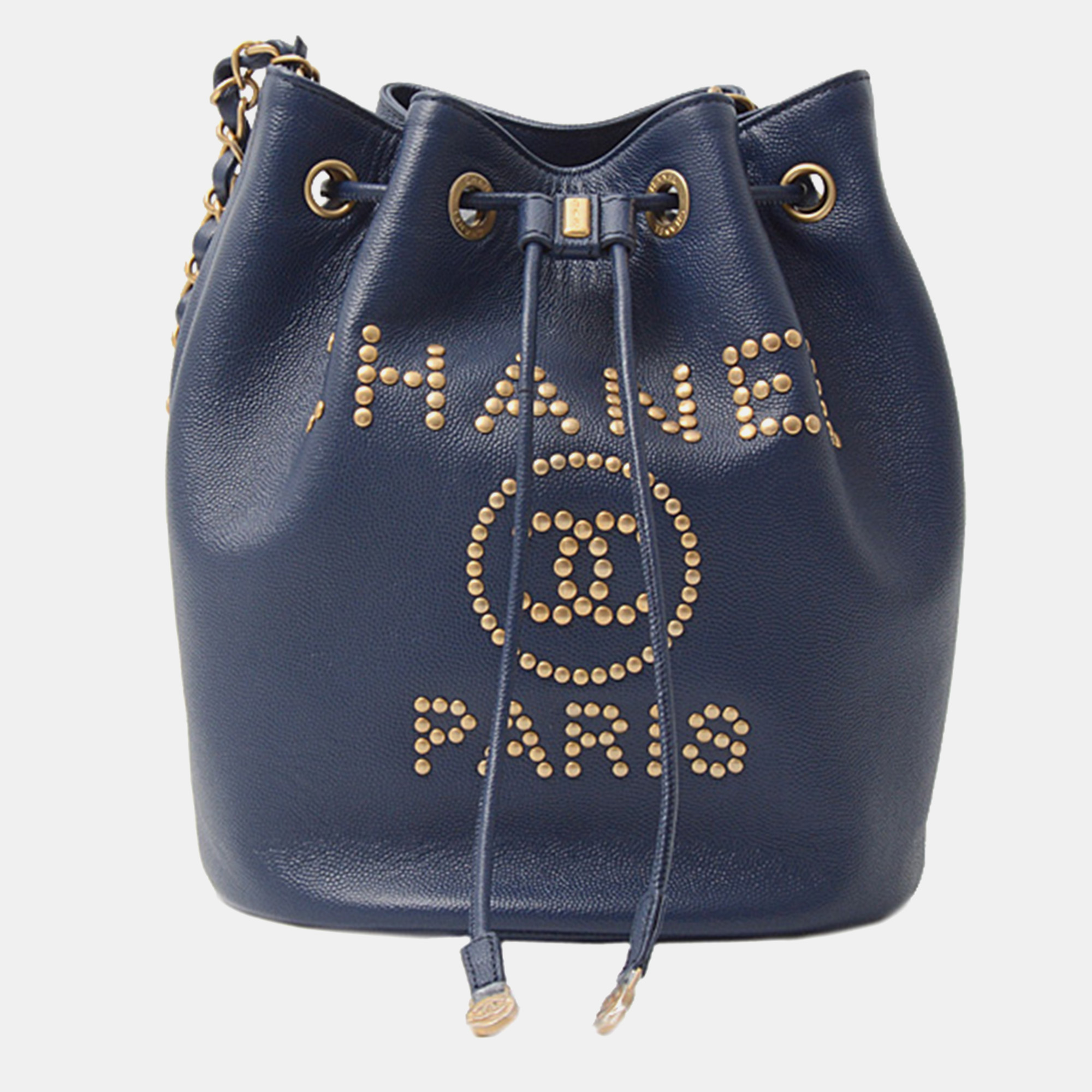 

Chanel Blue Studded Caviar Medium Deauville Drawstring Bucket Shoulder Bag