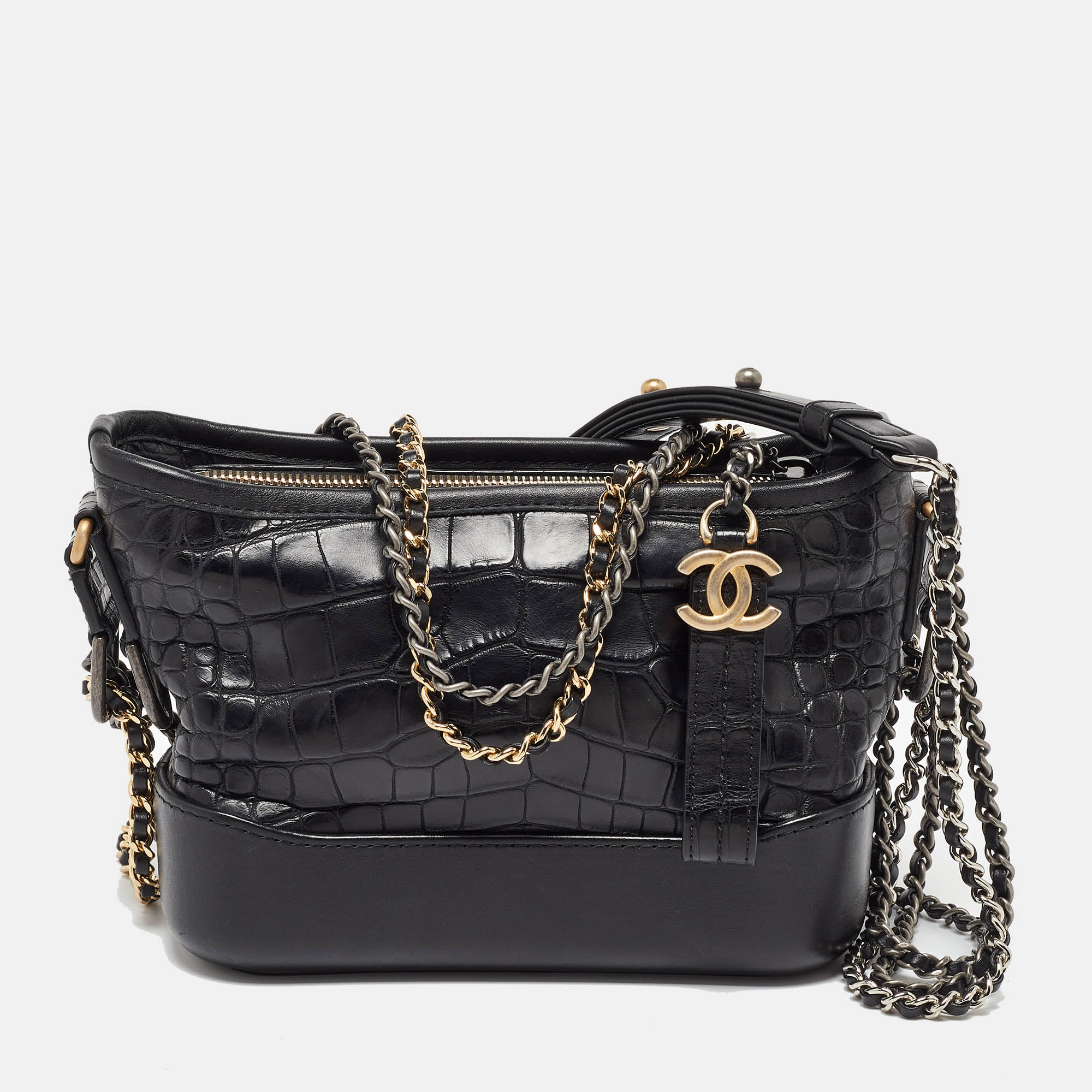 

Chanel Black Leather and Crocodile CC Gabrielle Small Hobo