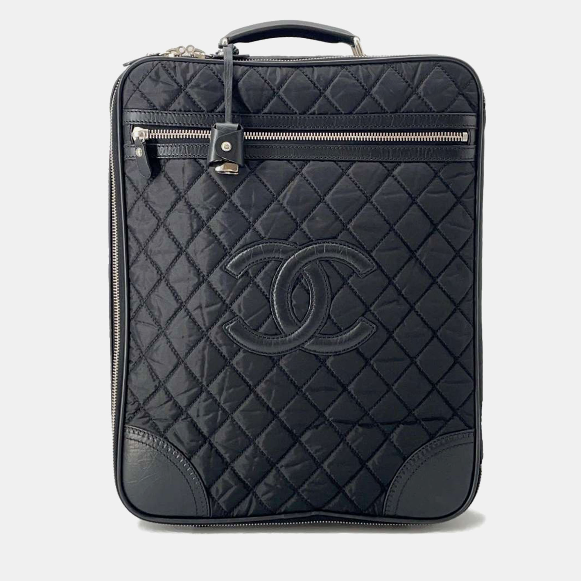 Pre-owned Chanel Black Nylon Leather Matelasse Cc Logo Carry Bag