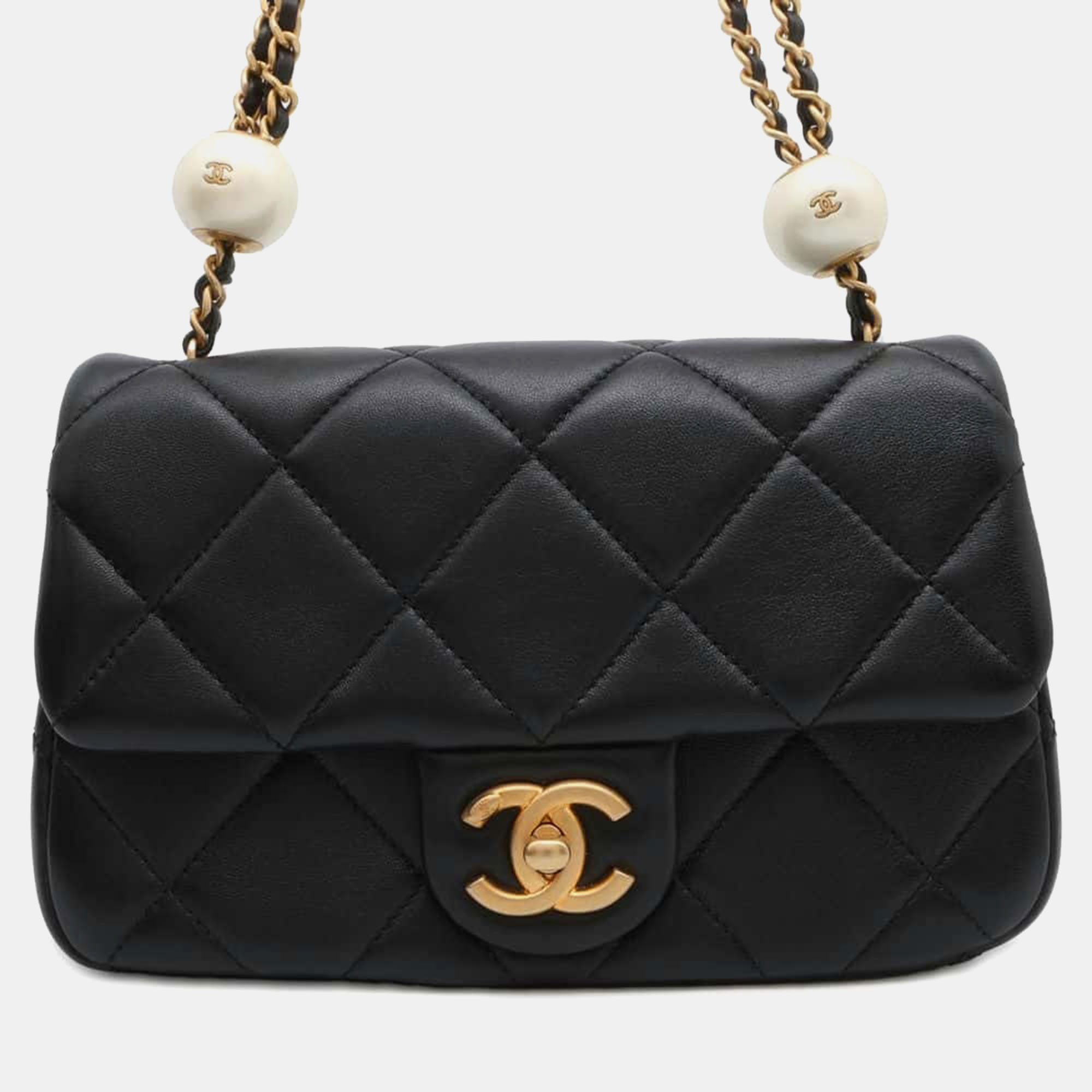 

Chanel Black Lambskin Faux Pearl Matelasse Pearl Ball Flap Bag Size Small