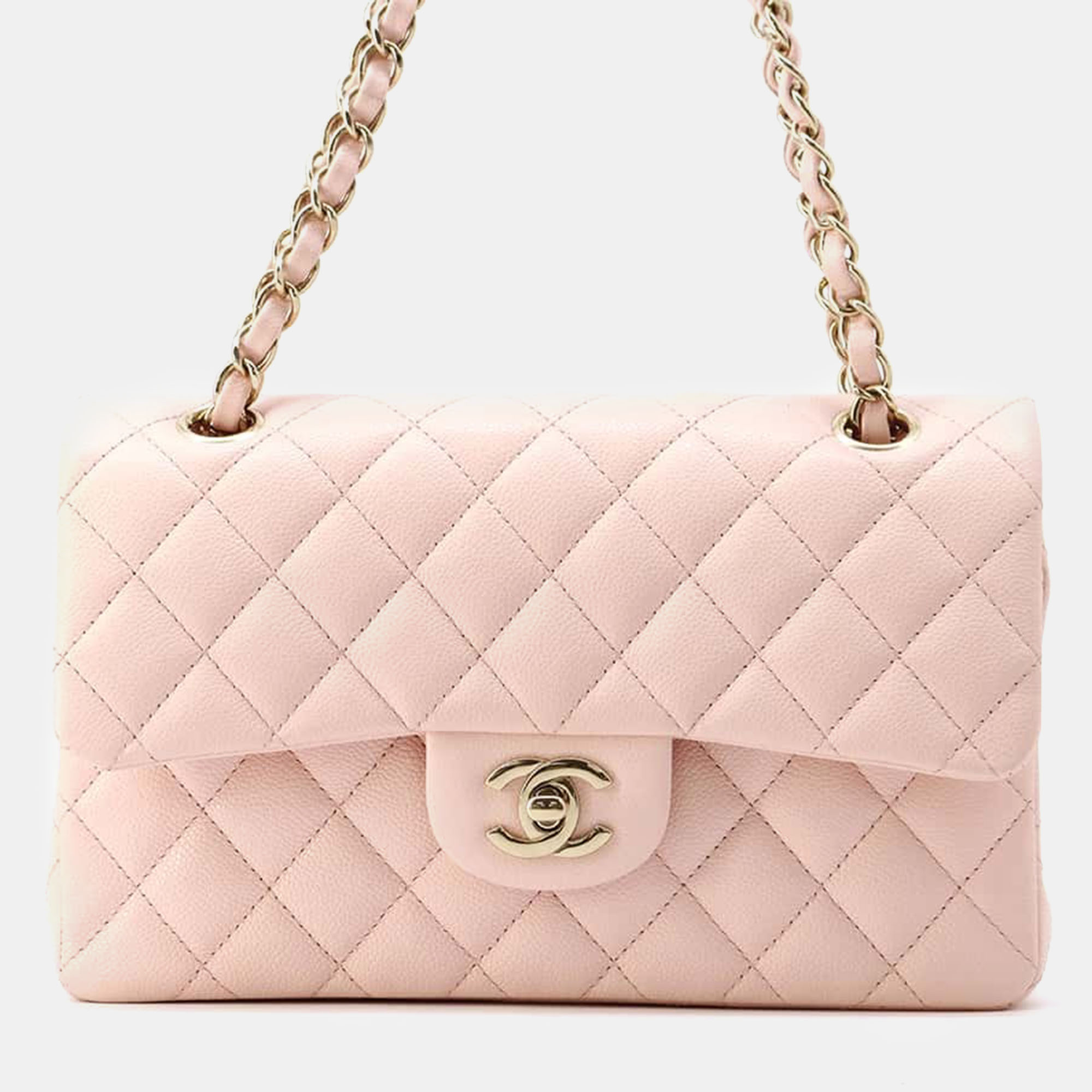 

Chanel Pink Caviar Leather Matelasse W Flap Chain Shoulder Bag Size