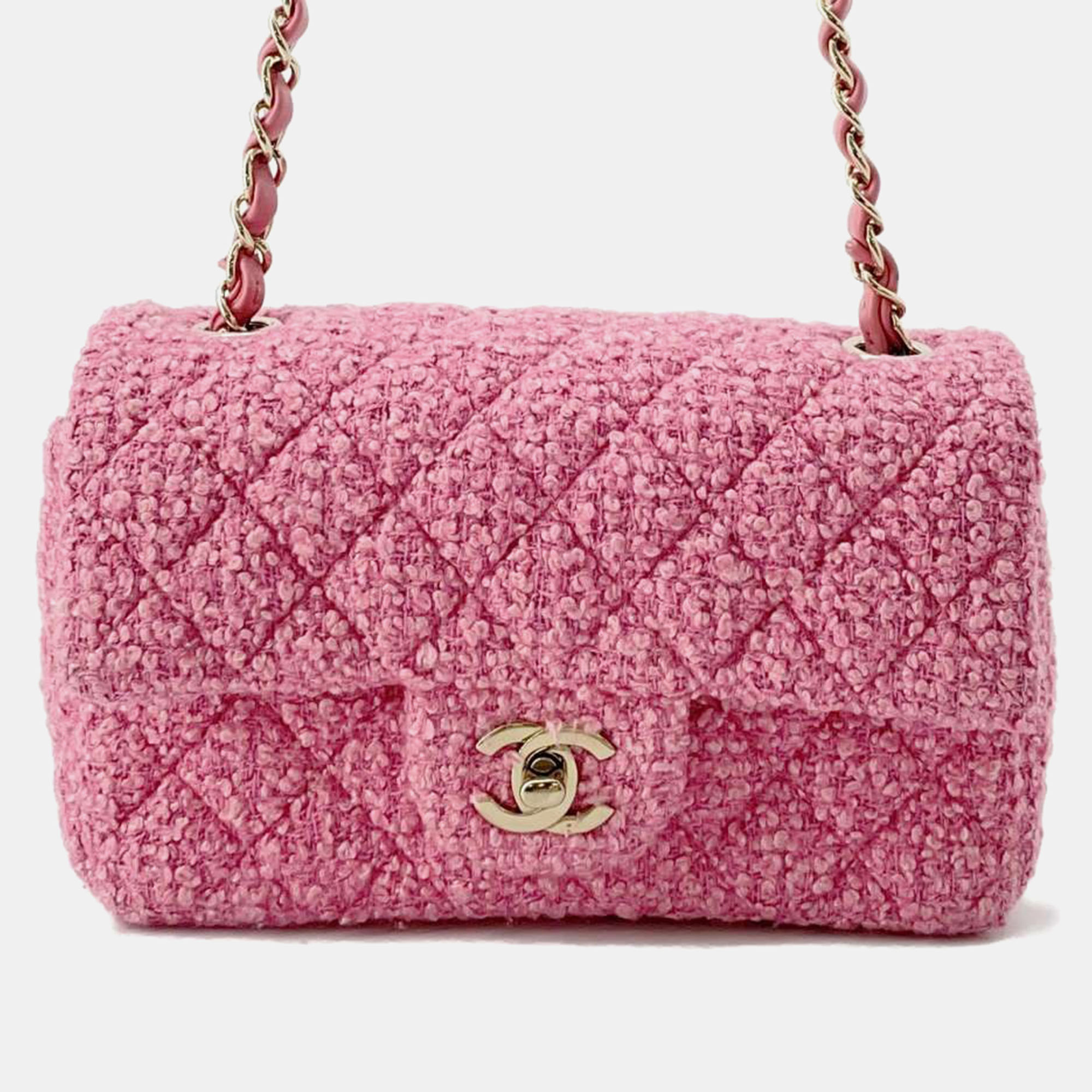 Pre-owned Chanel Pink Tweed Mini Matelasse Chain Shoulder Bag