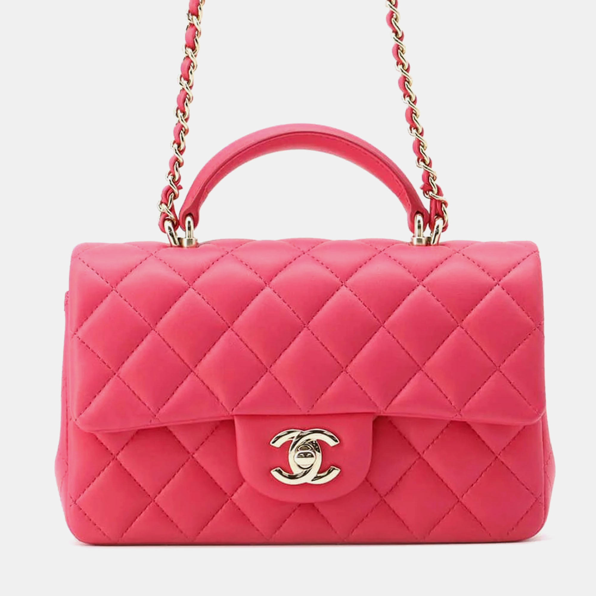 Pre-owned Chanel Pink Lambskin Top Handle Mini Flap Bag Size 20