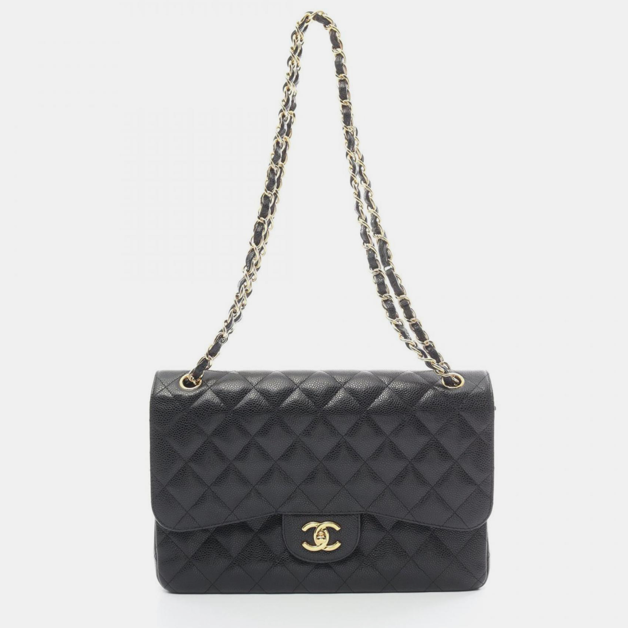 

Chanel Black Caviar Skin (Grained Calf) Deca Matelasse 30 Classic Large W-Flap Shoulder Bag