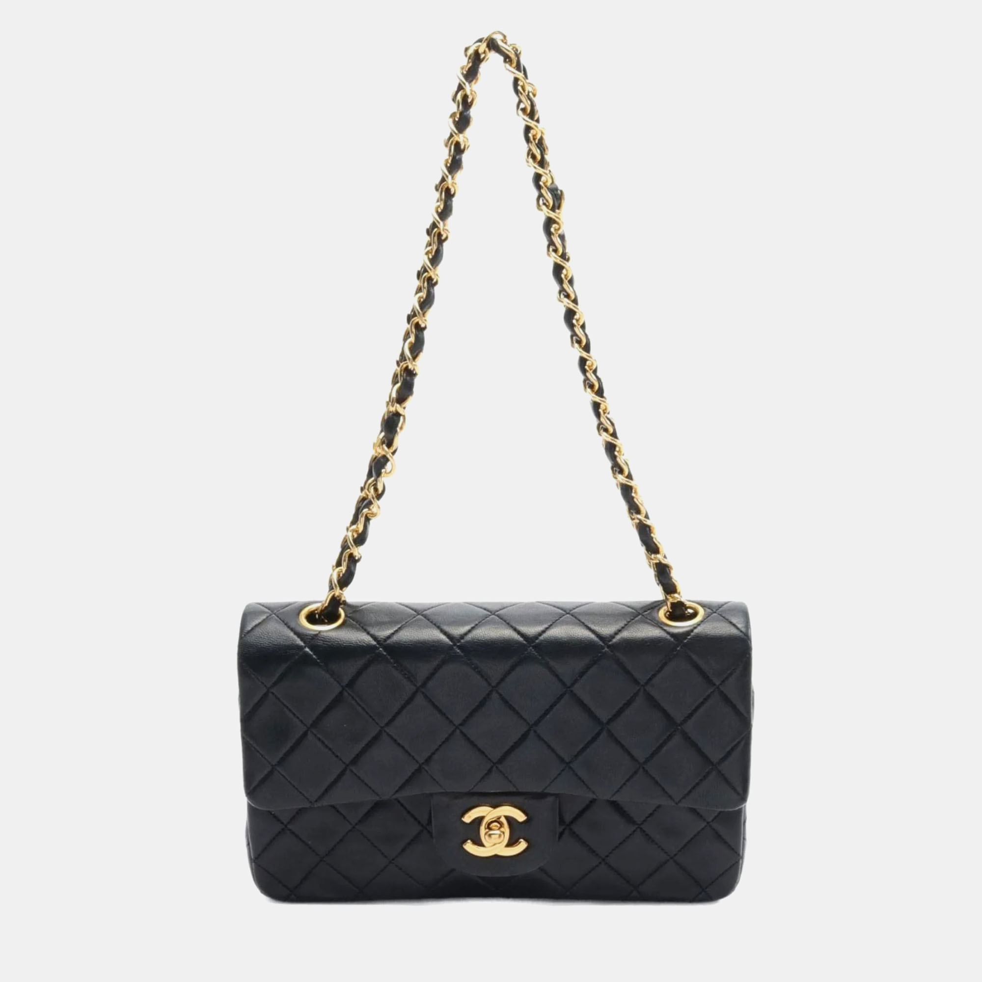 

Chanel Navy Lambskin Matelasse Double Flap Shoulder Bag, Black